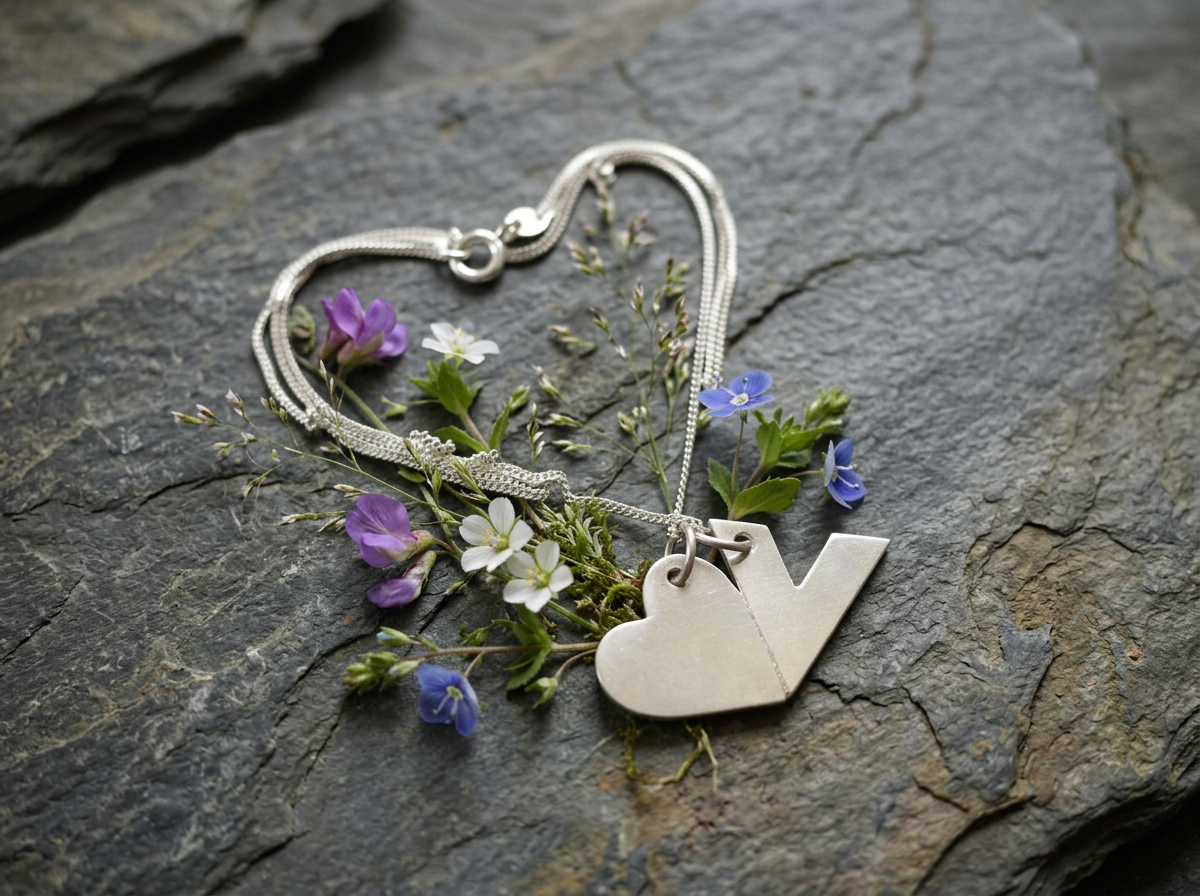 handcrafted vegan heart necklace made from recycled silver on a dark slate with wildflowers