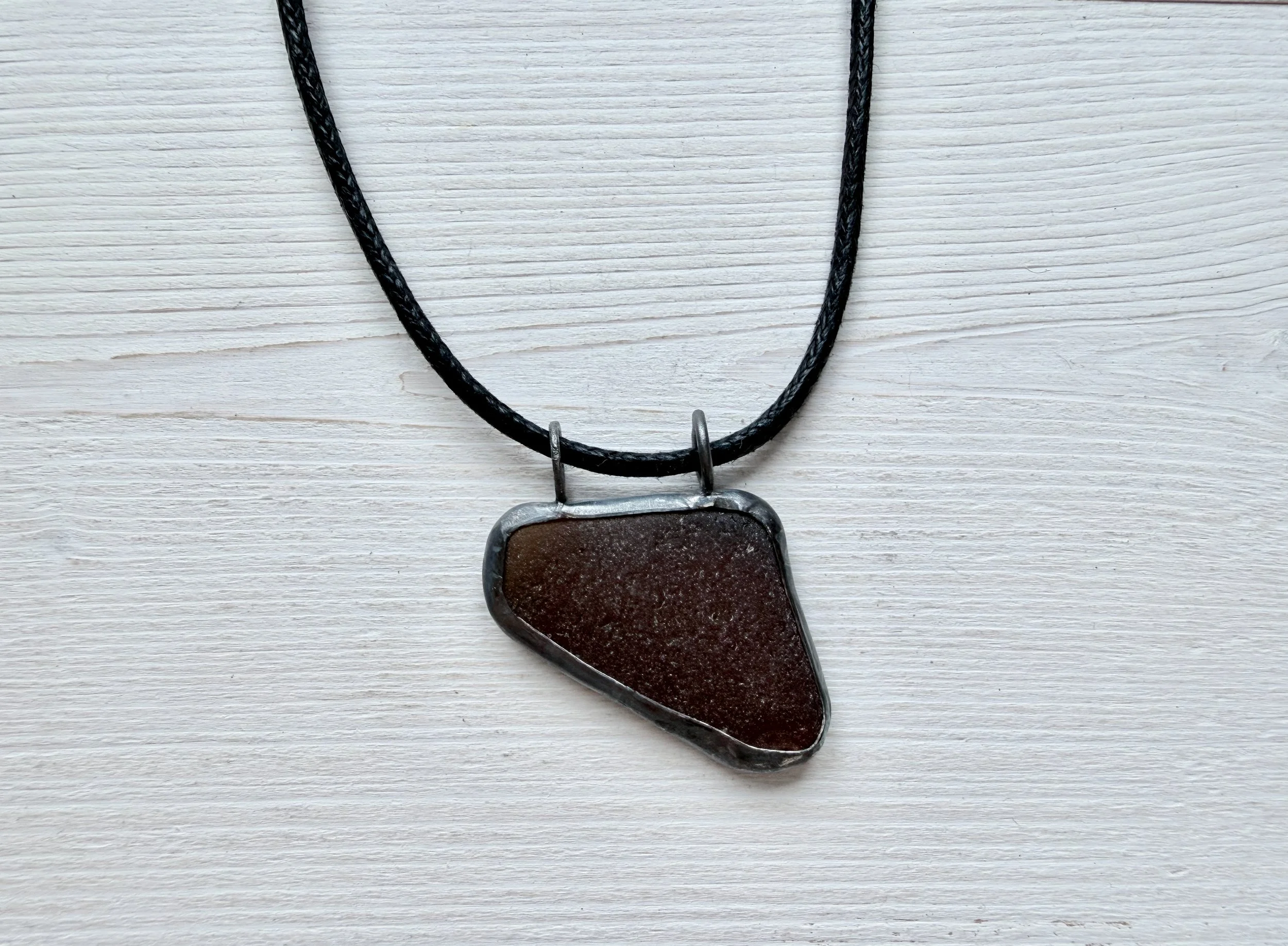 Coffee Brown Sea Glass Cord Necklace | Oxidised Sterling Silver Frame