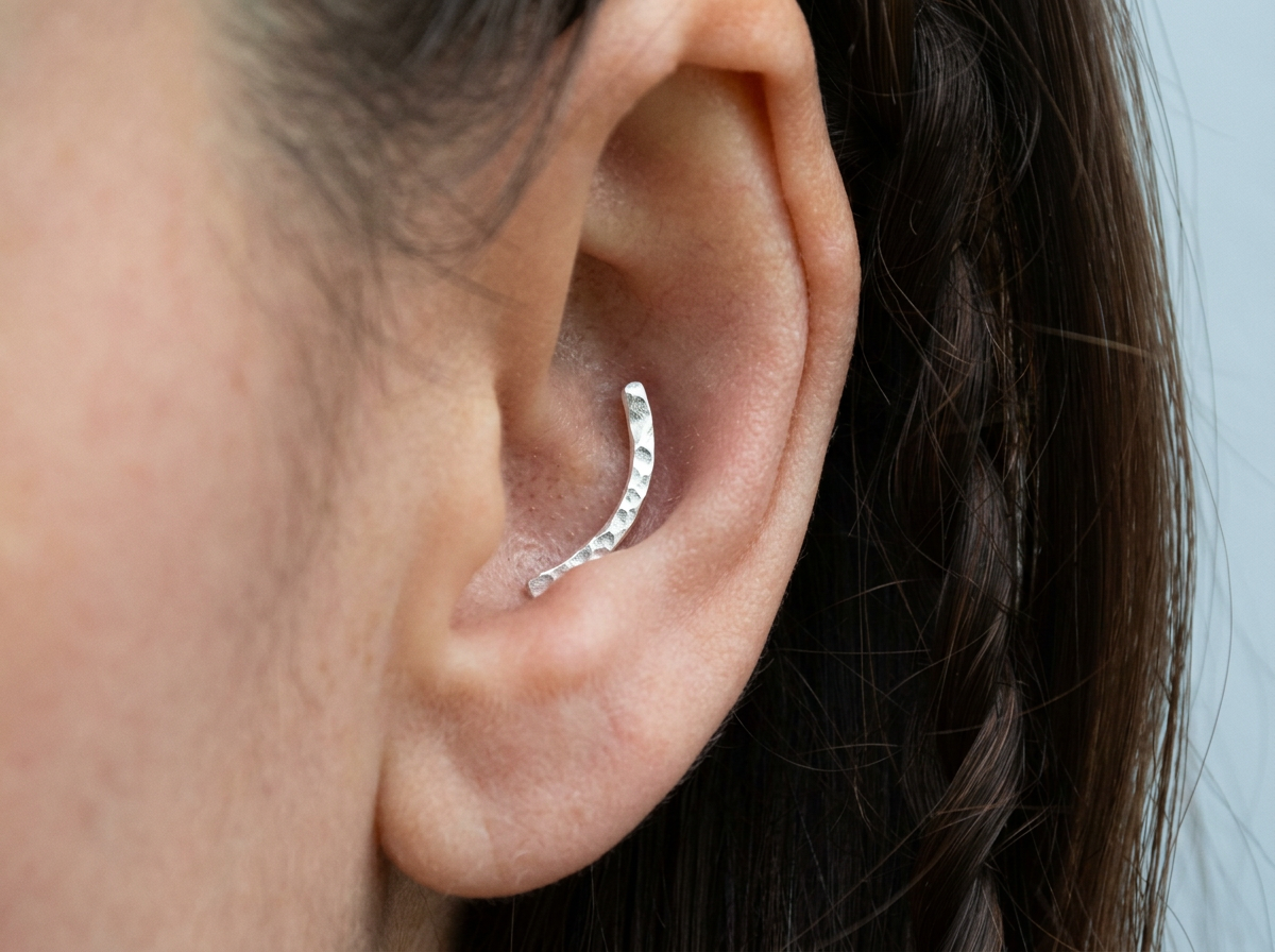 Minimalist Hammered Curved Bar Conch Stud Earring | Recycled Silver