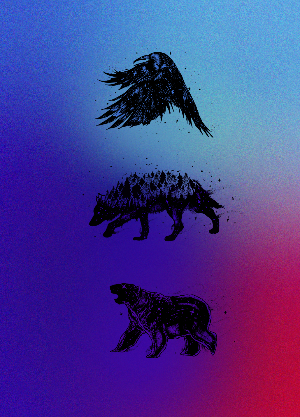 Wildlife Raven Wolf and Bear
