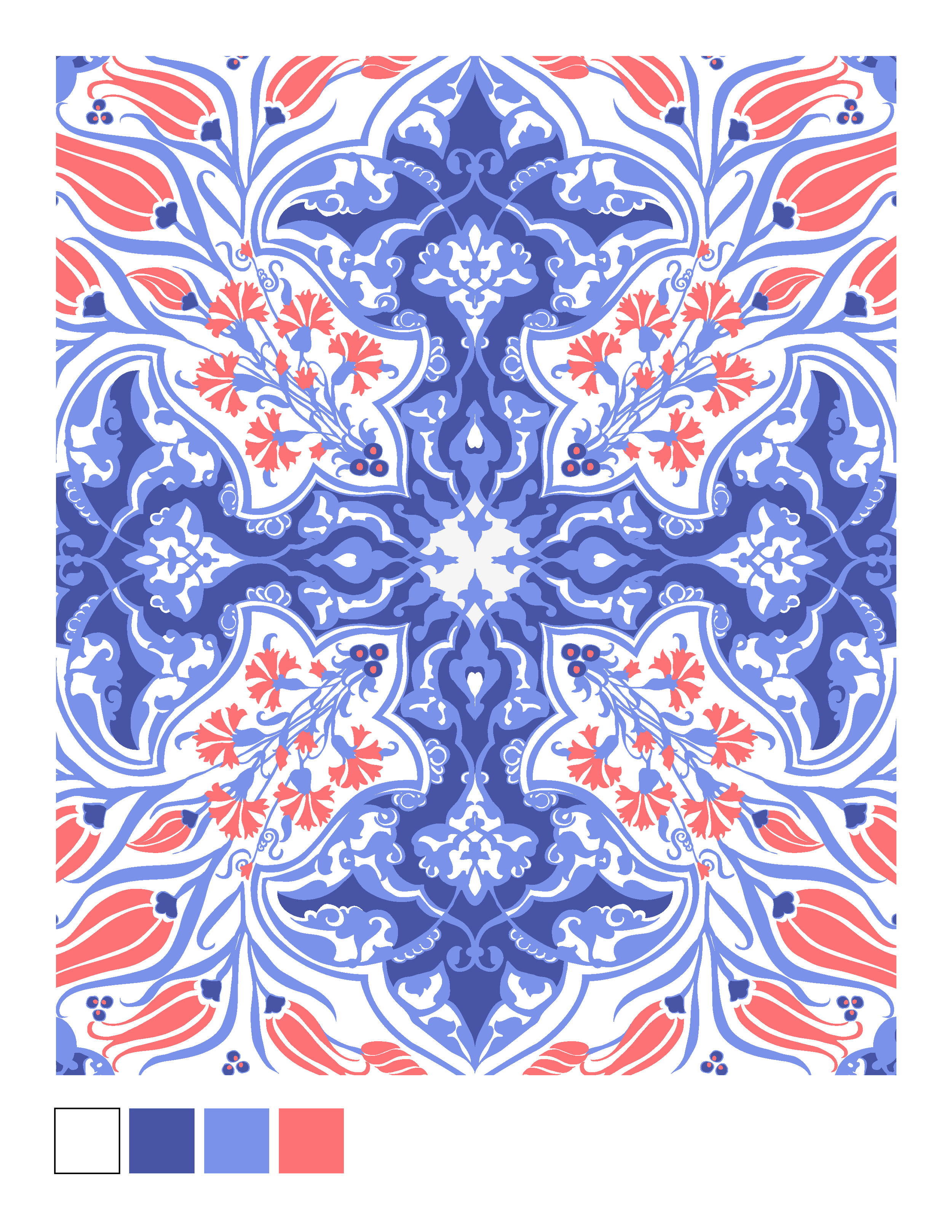 This print was inspired by turkish isNIK tiles. these iconic tiles were decorated with turquoise, cobalt blue, and red tulip patterns and vine leaves among other motifs. 