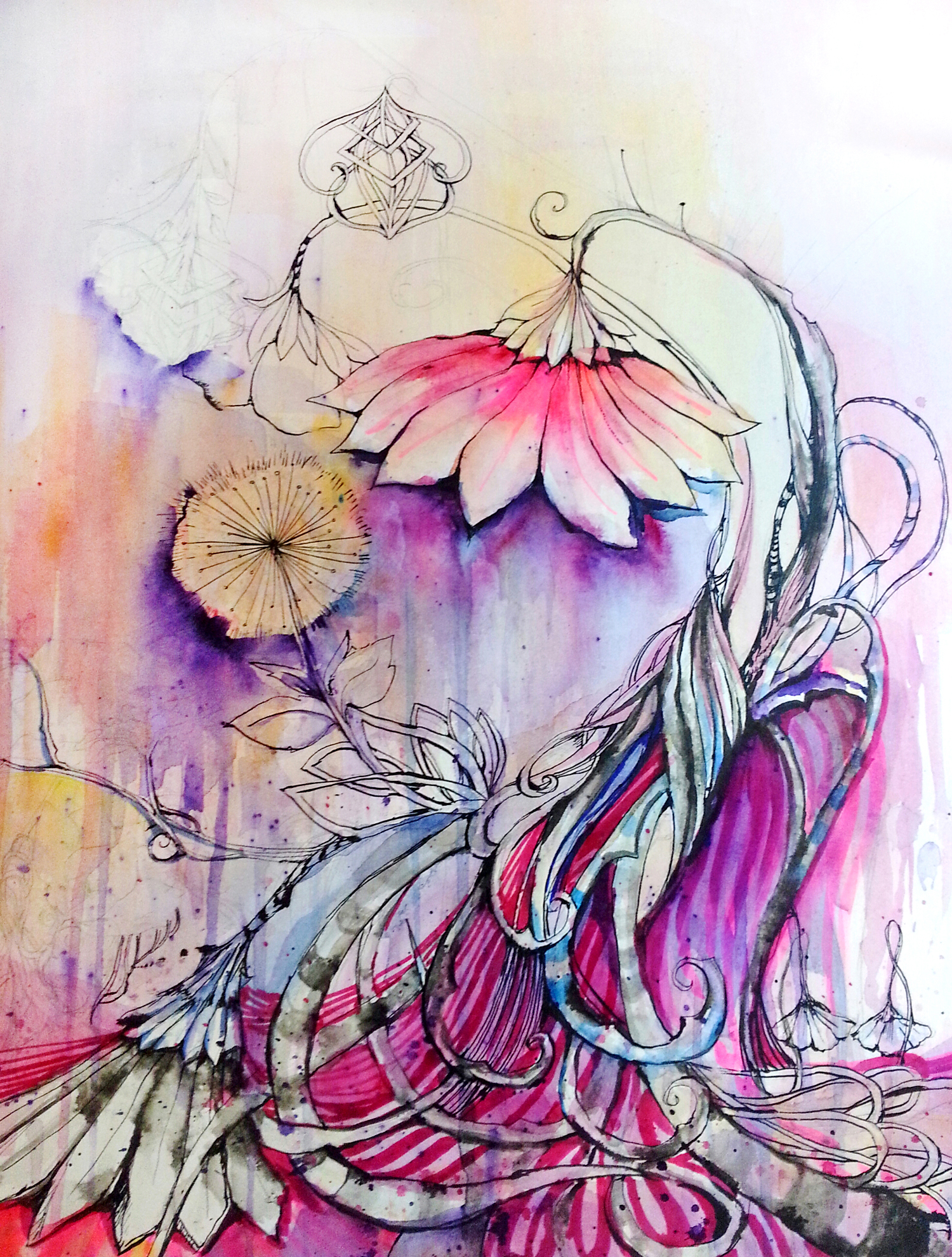 SPRING DANDELION 12"X16" WATERCOLOR, MARKER, & INK ON PAPER