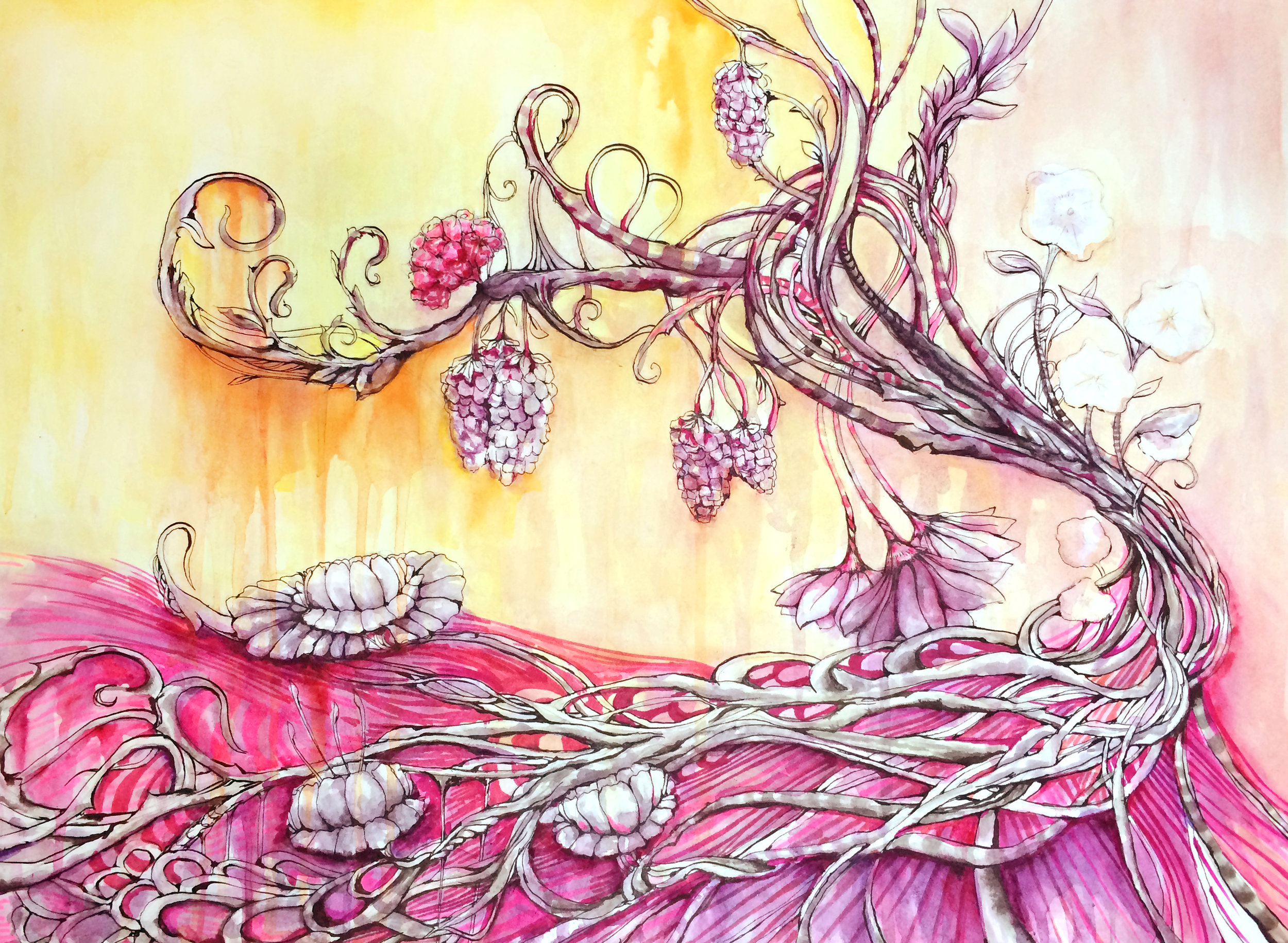 LOTUS SANCTUARY 16"X12" WATERCOLOR, MARKER, & INK ON PAPER