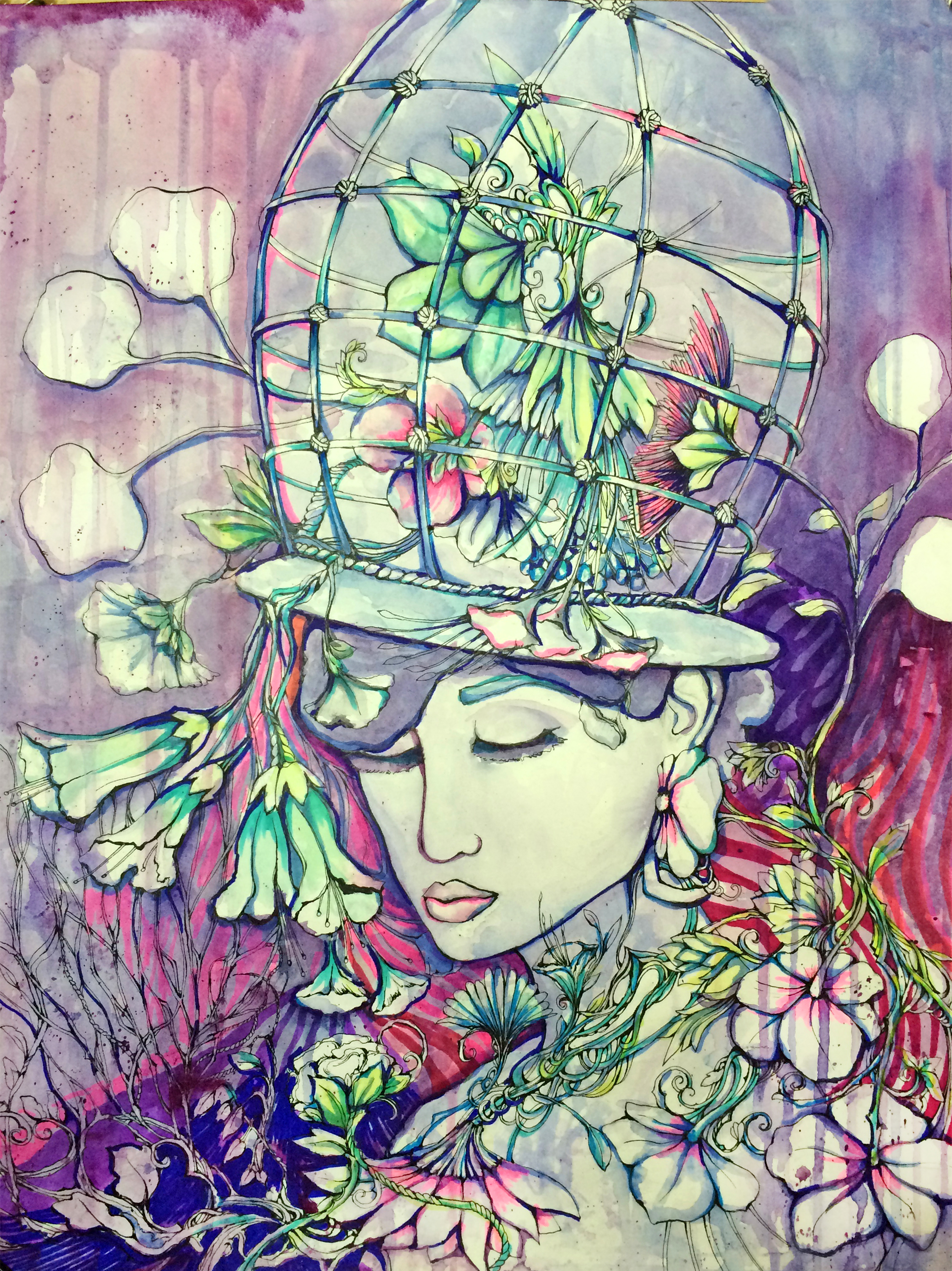 MEDITATION 12"X16" WATERCOLOR, MARKER, & INK ON PAPER