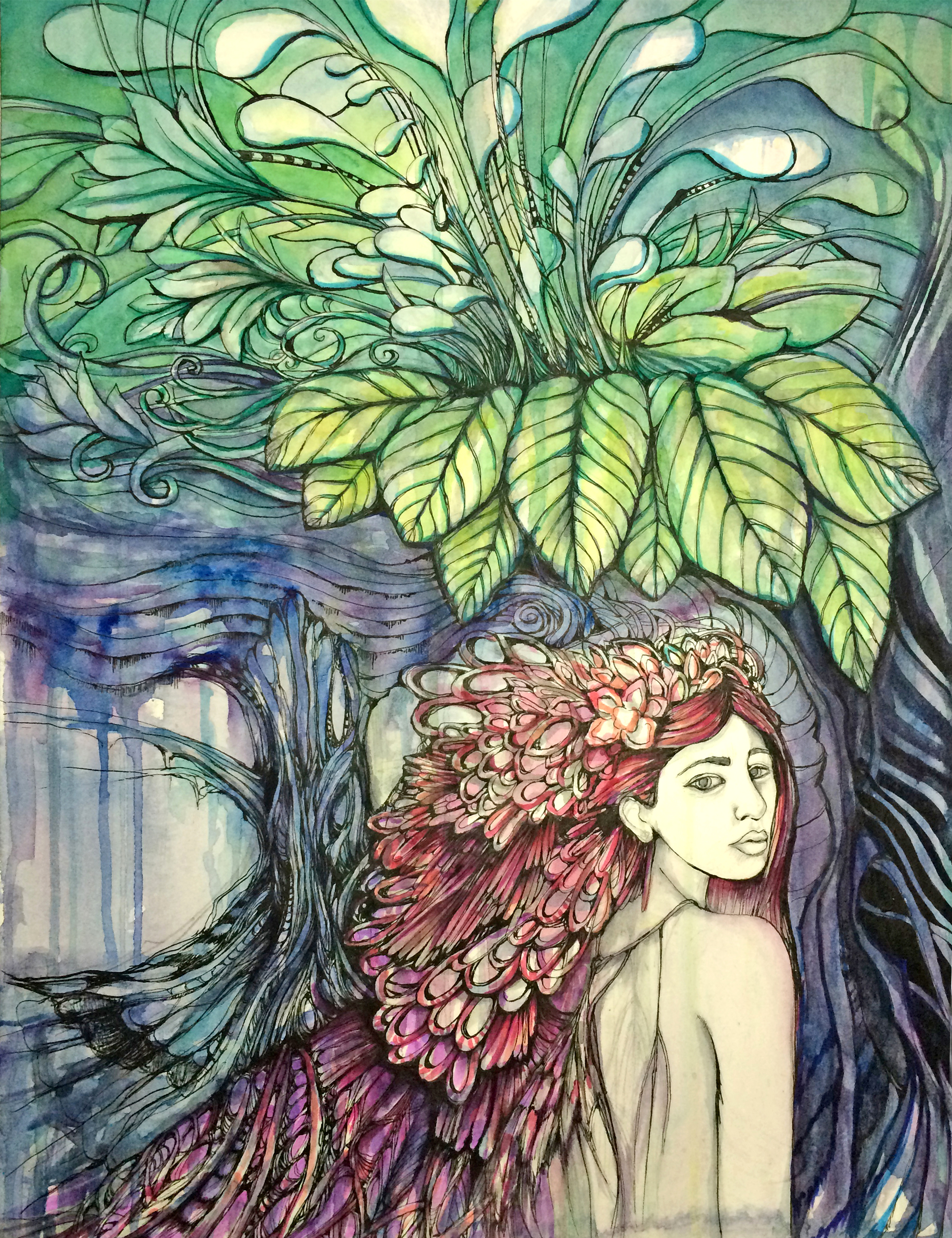 MOTHER NATURE 12"X16" WATERCOLOR, MARKER, & INK ON PAPER