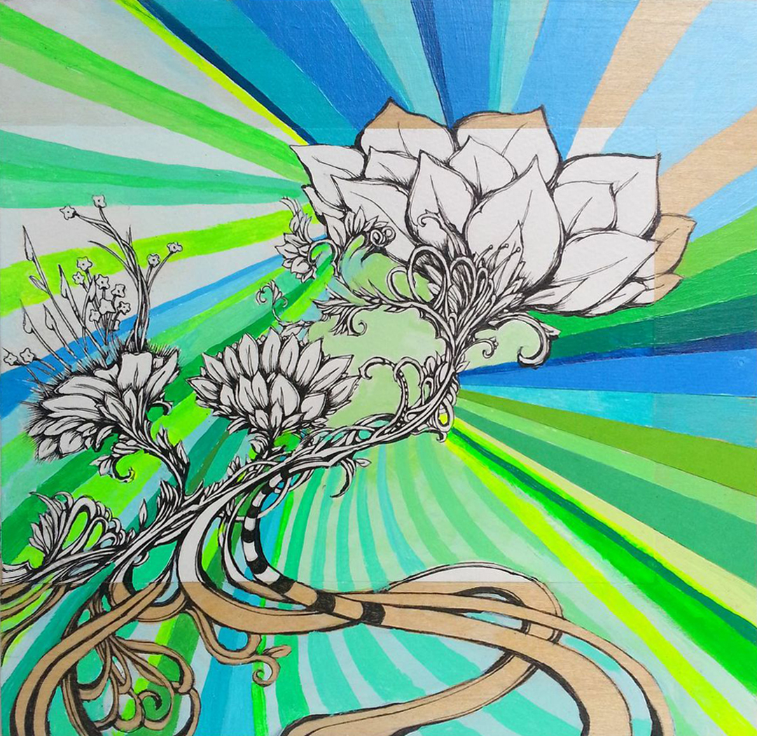 DAWN OF SPRING 8"x8" acrylic, pen, & paper on wood