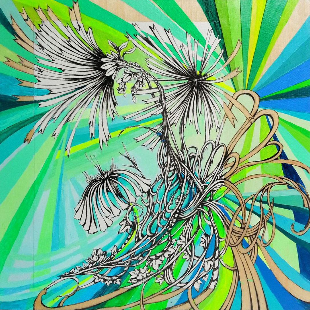 DANDELION'S RAYS 8"x8" acrylic, pen, & paper on wood