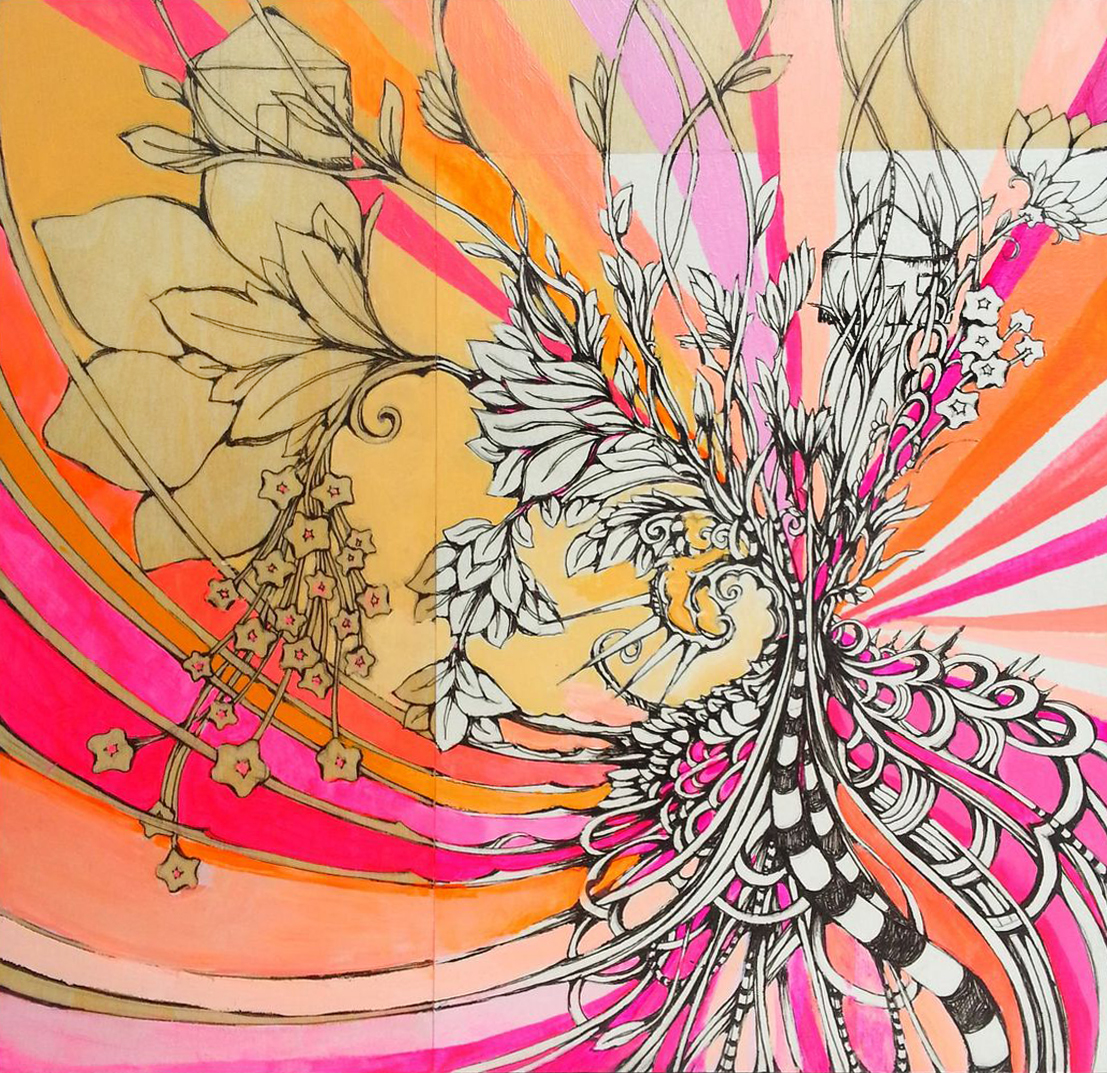 SUNRISE BLOSSOM 8"x8" acrylic, pen, & paper on wood