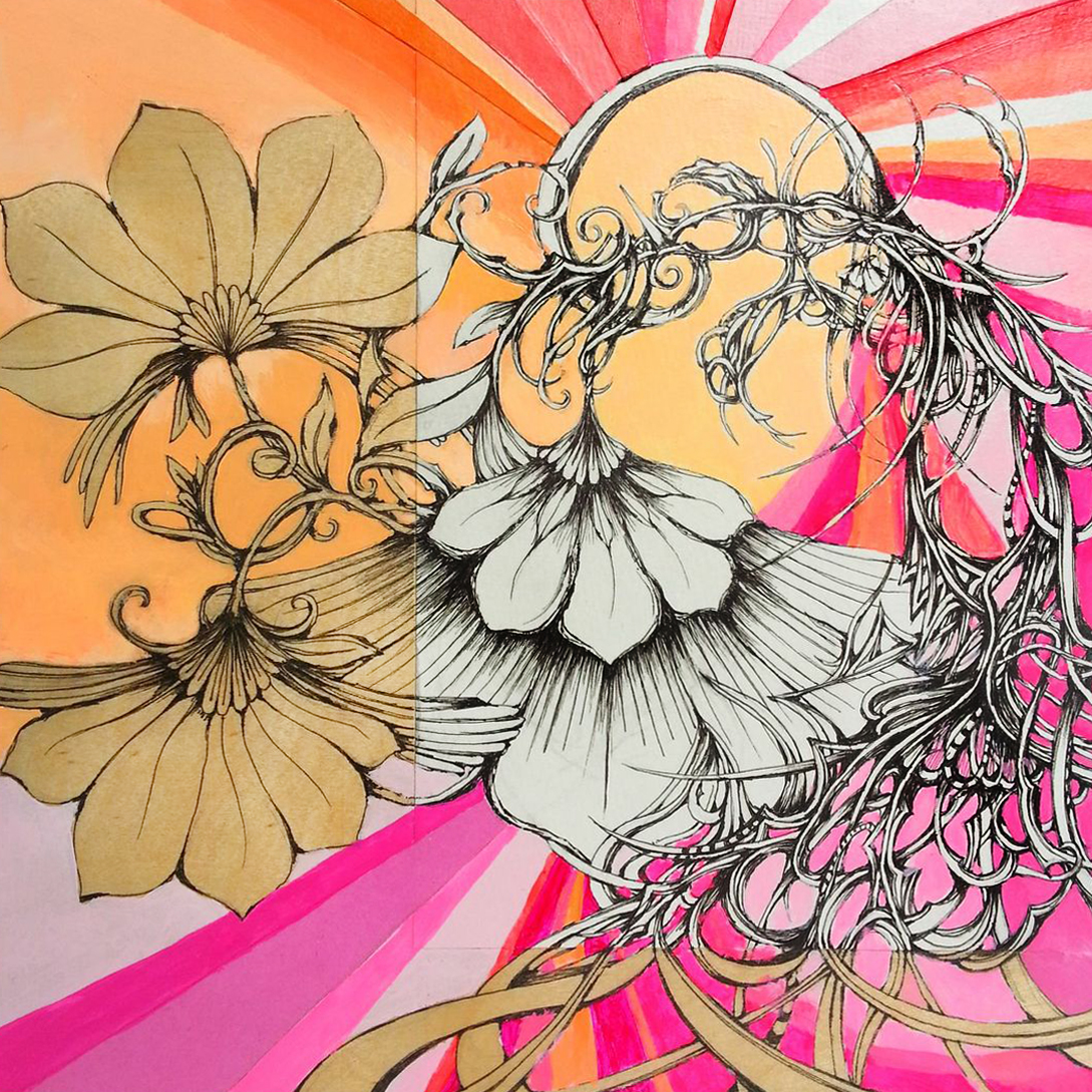 MORNING GLORY 8"x8" acrylic, pen, & paper on wood