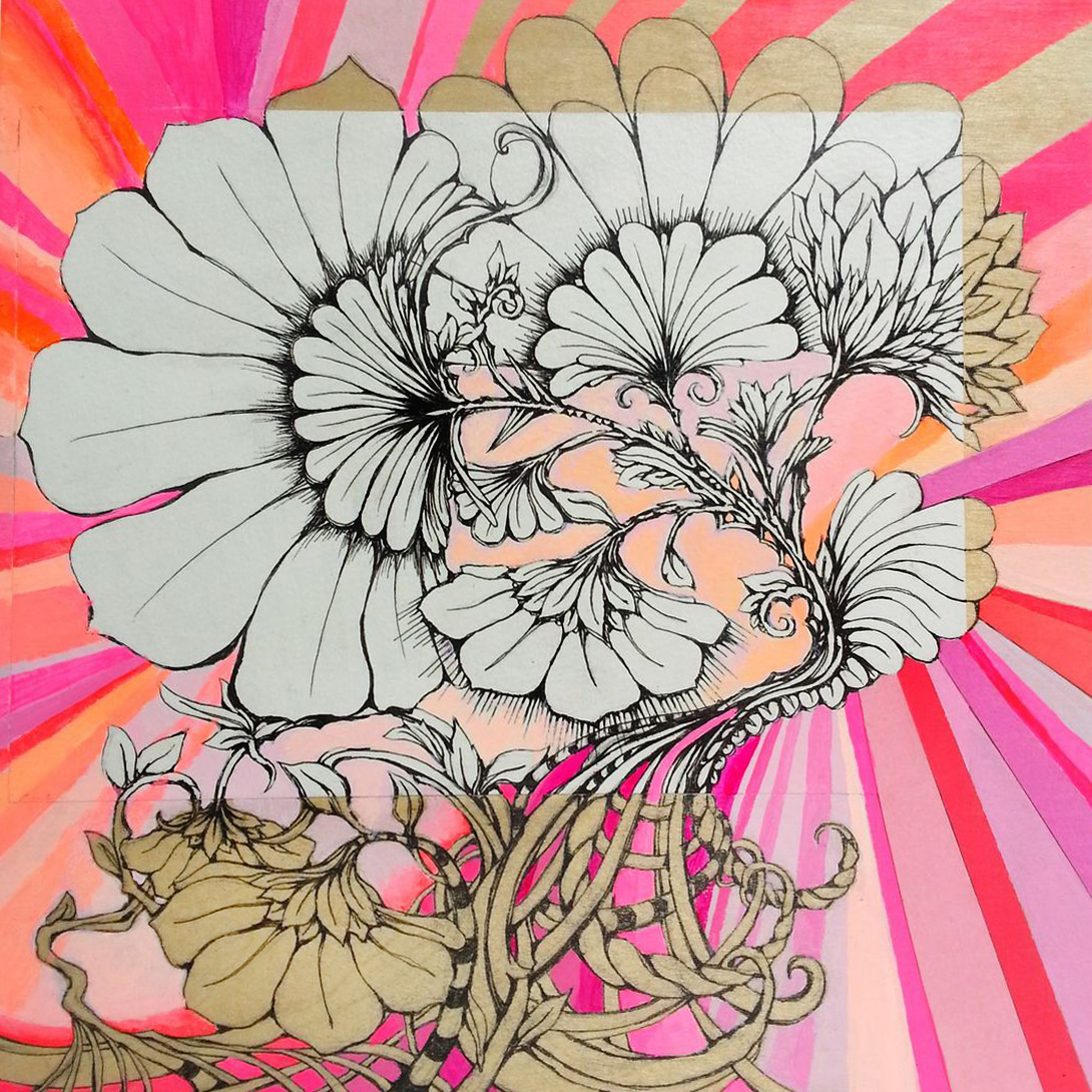 WILD ROSES 8"x8" acrylic, pen, & paper on wood