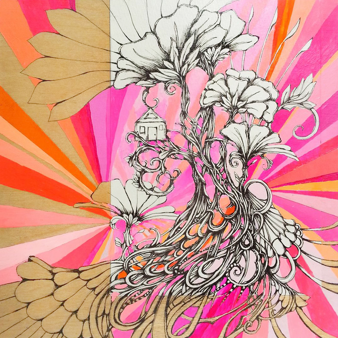 BOTANICAL UTOPIA 8"x8" acrylic, pen, & paper on wood