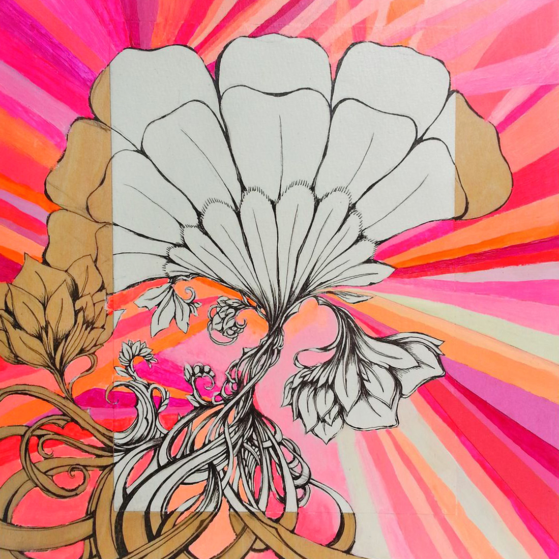 CRIMSON BLOSSOM 8"x8" acrylic, pen, & paper on wood