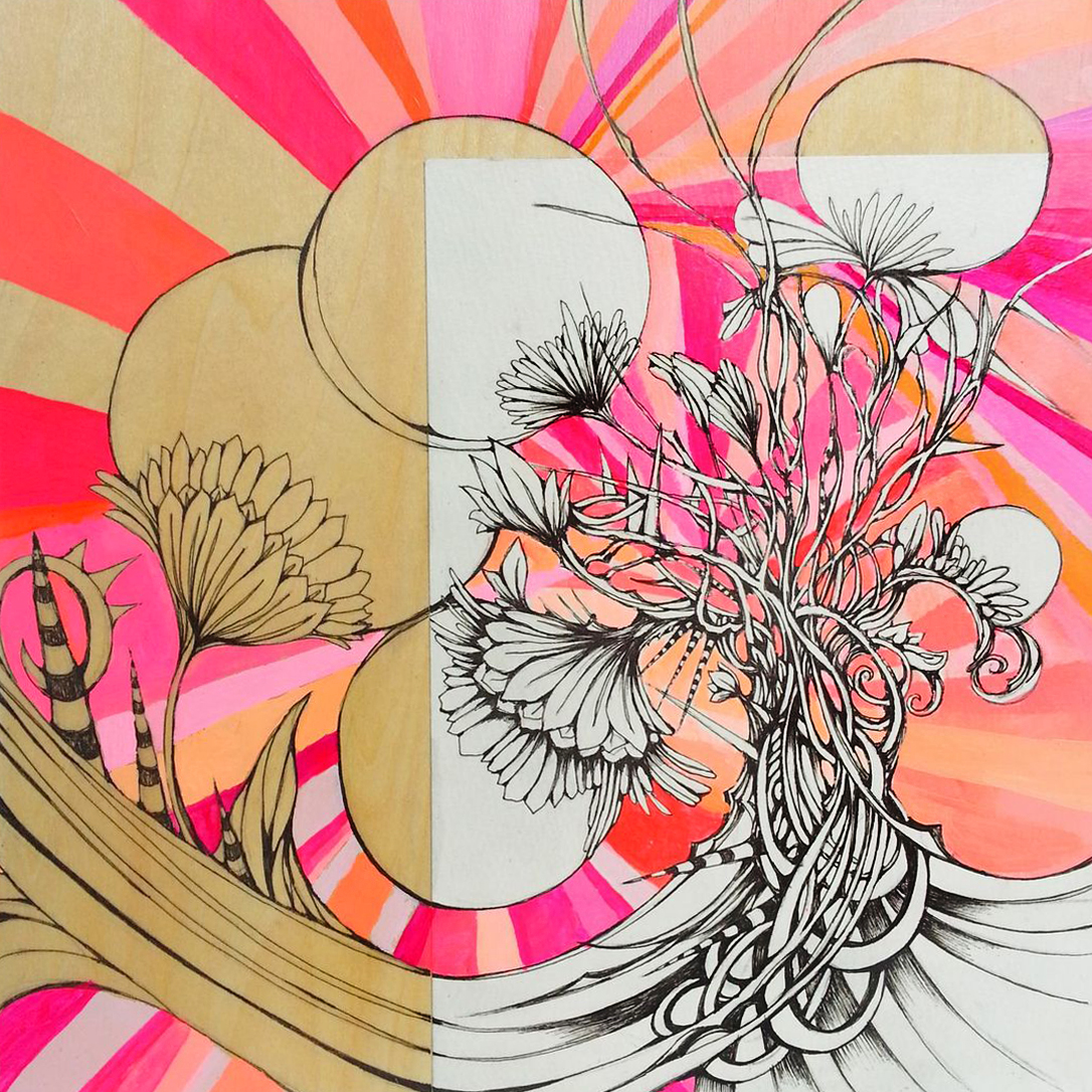 SWEET DAHLIAS 8"x8" acrylic, pen, & paper on wood