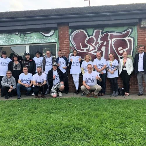 Front Row: last on right Peter Yarwood amongst peers and professionals from the Burnley area wearing EuroNPUD's Naloxone and International Overdose Awareness Day tshirts!