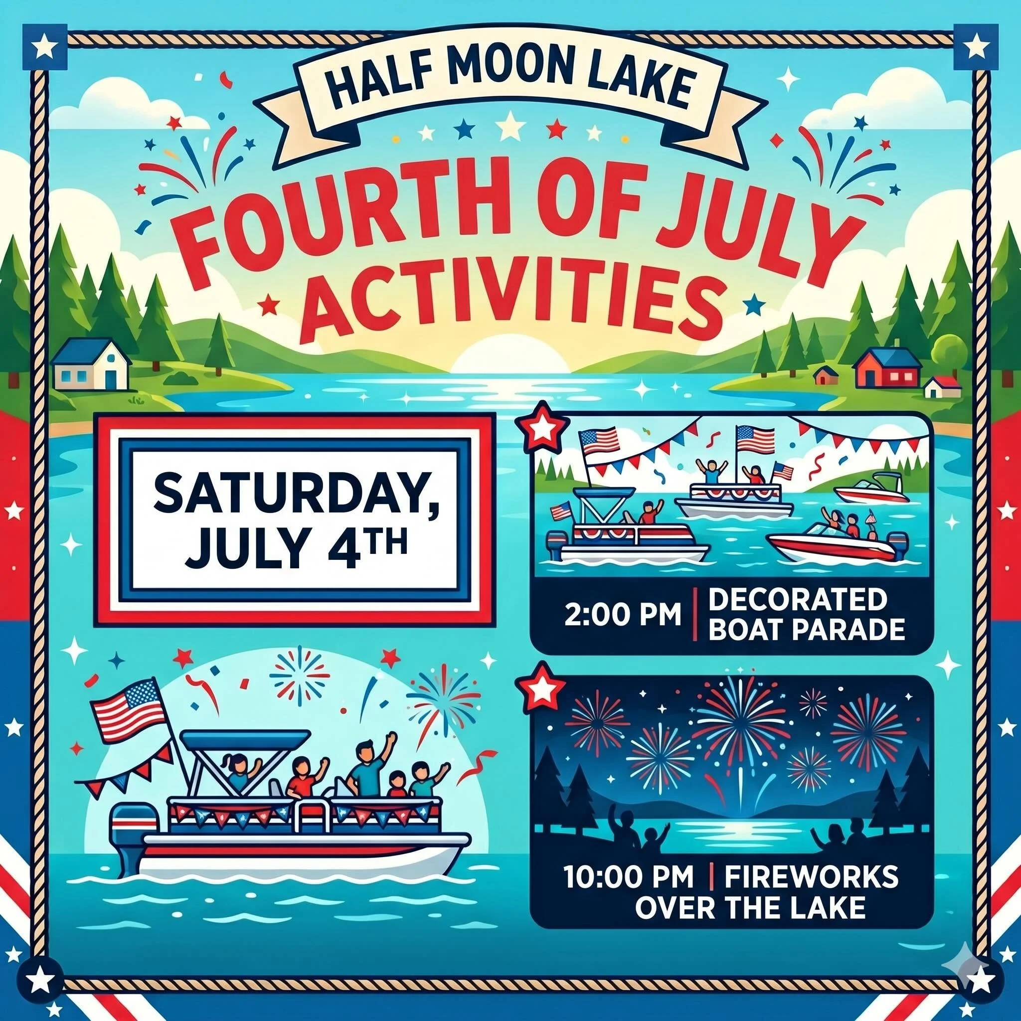 BOAT PARADE - 2pm - Decorated boat parade around lake. Gather in Breezy Bay at south end to begin. 

FIREWORKS - 10pm - Public Beach - watch from the beach or your boat.
If inclement weather - Fireworks will be determined at the time of the event.  F