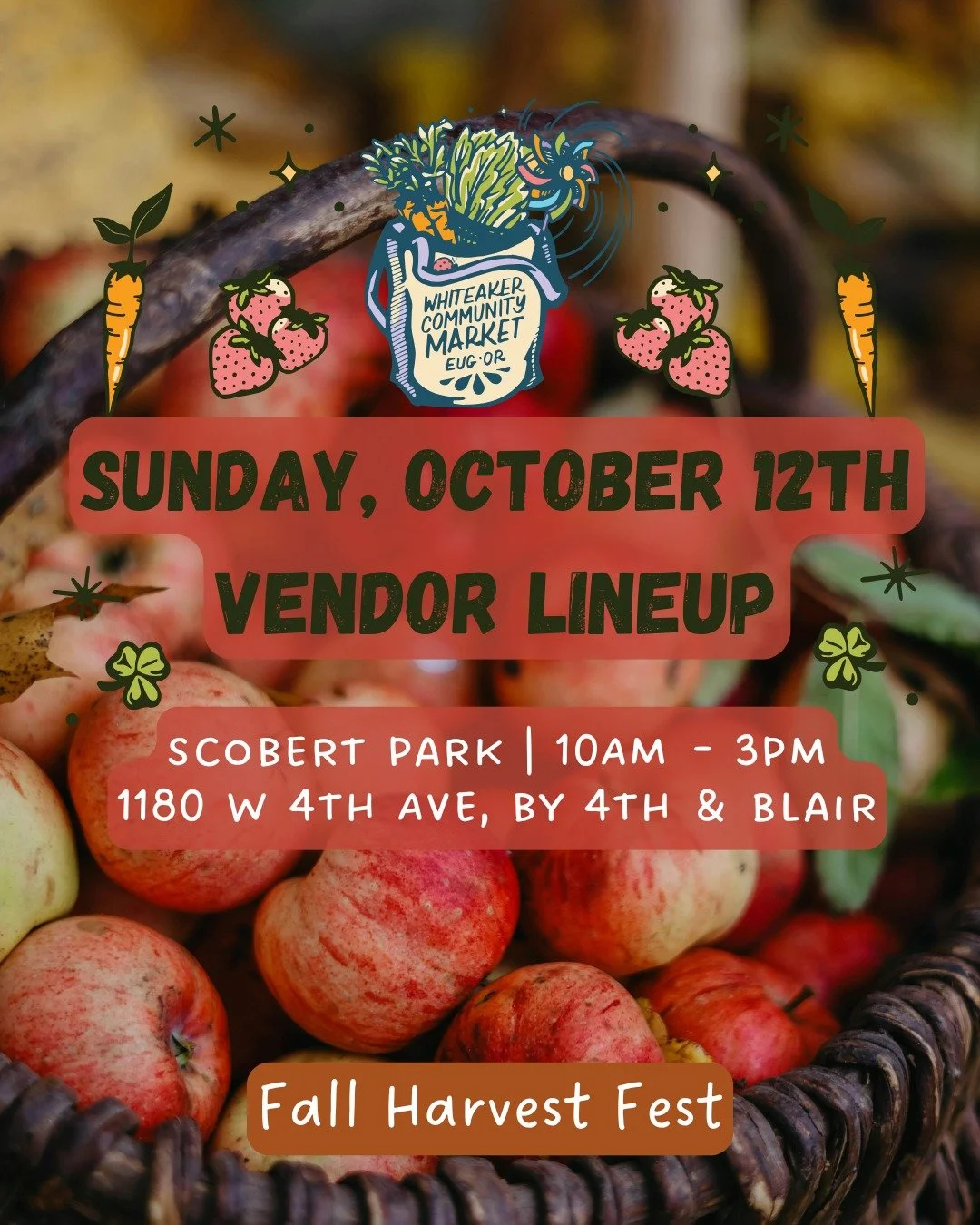✨🍎 Happening TODAY- Fall Harvest Fest 🍎 ✨
Come hang out with us for our second to last market of the season! Celebrating fall and the changing of the seasons, we have a fun filled day planned for you 🍂

The list of activities include:

💀 Sugar Sk