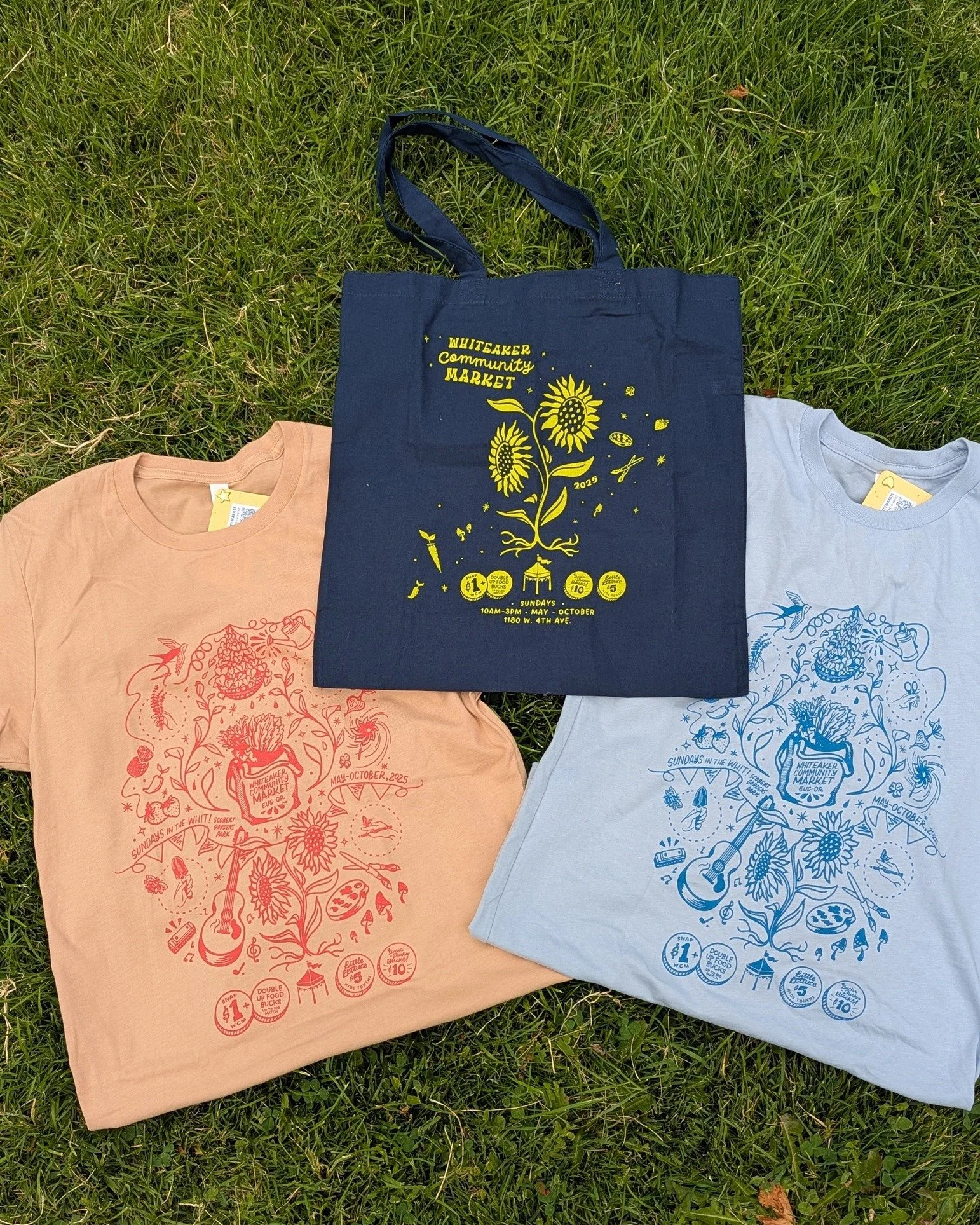 Missing the Sunday Market at Scobert Park 🌻 Cheer yourself up with Whiteaker Community Market merch!

We have T-shirts in two color options and an abundance of sizes or a tote bag that's perfect for carrying all of your market finds 🐛

These make  