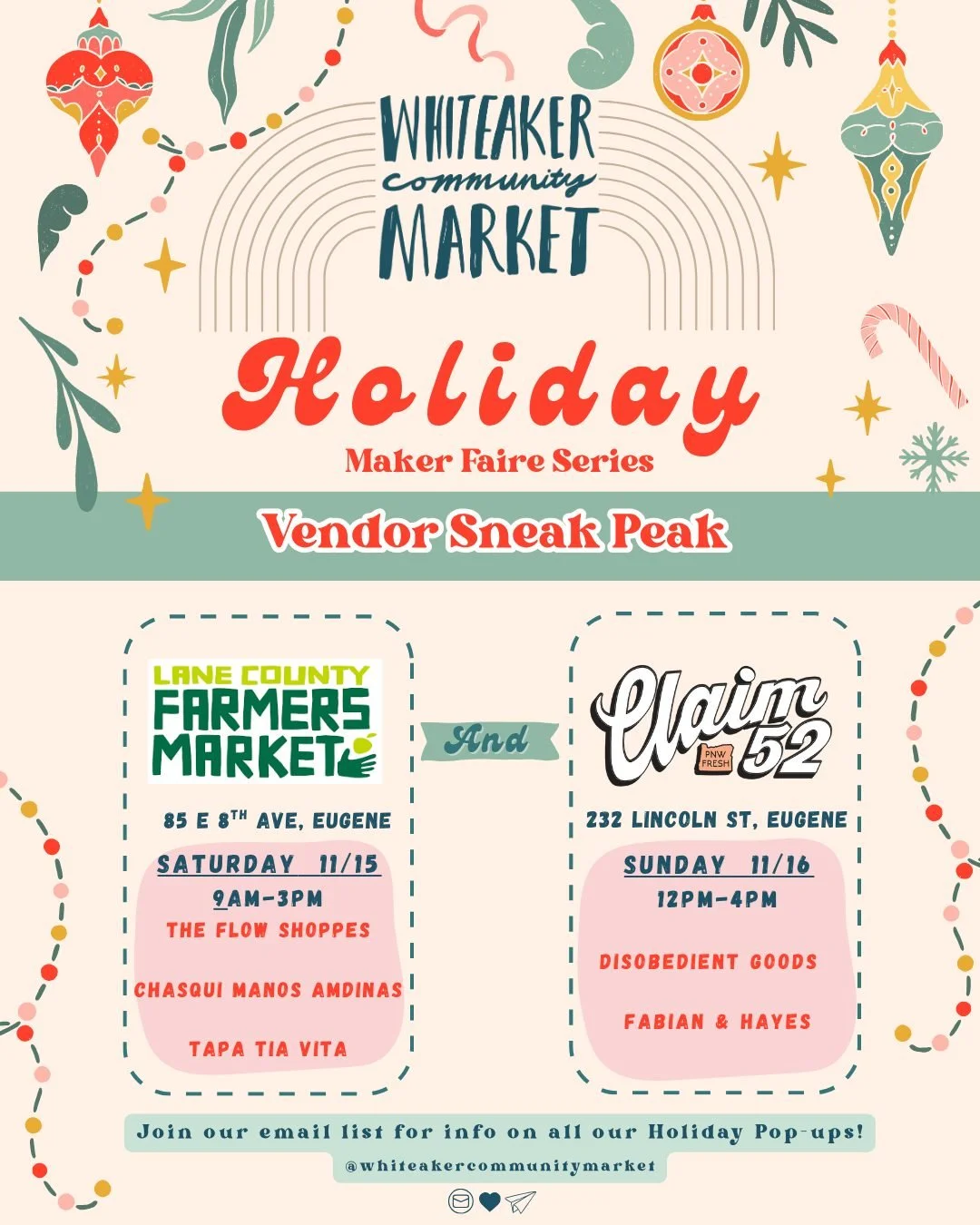 We have two pop-up events happening this weekend 🎉 Find your favorite Whiteaker Community Marker vendors at @lanecountyfarmersmarket  today from 9am-3pm or tomorrow at @claim52brew  from 12-4pm 🎁

Vendor Sneak Peak ✨
🧣Lane County Farmers Market
@t