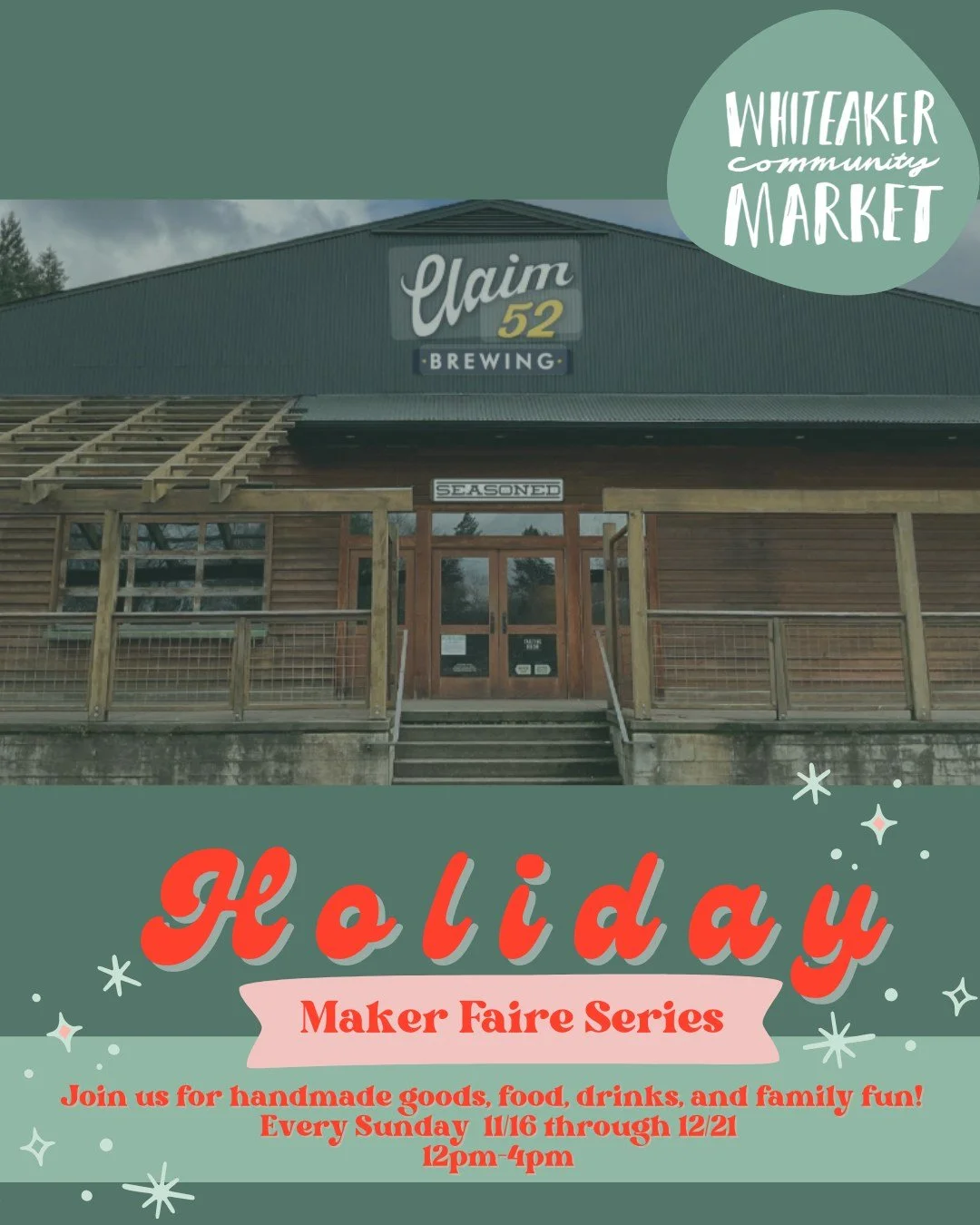 This Sunday 11/23 you can find some of your favorite Whiteaker Community Market vendors at Claim 52 Brewing for our Holiday Makers Faire series 🎁 ✨

Get your shopping done early so you can settle into the holiday spirit with ease 🧤 Stroll through s