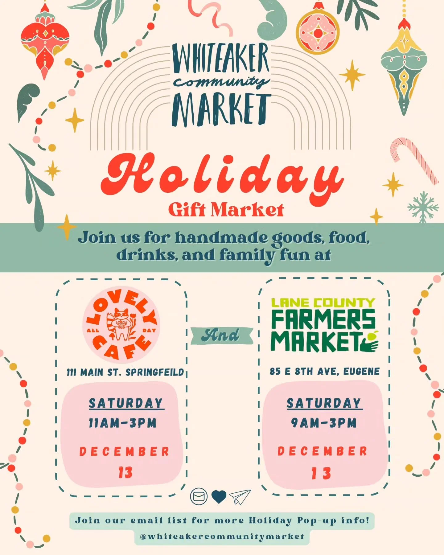 We have not one, but TWO Holiday Gift Markets happening in Eugene &amp; Springfield today! 🥳

Holiday Gift Markets on Saturday, Dec. 13:

🎄 Find @whiteakercommunitymarket vendors alongside @lanecountyfarmersmarket vendors from 9AM-3PM at 📍 8th &am