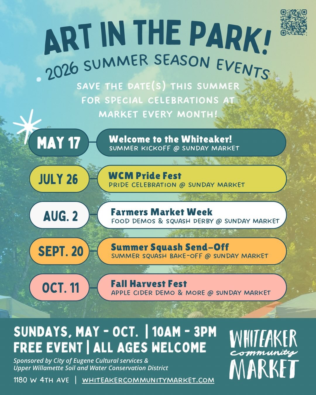 Looking for something to do this weekend? Looking for something to do with your kids that they will love?! Join us this weekend for our annual Welcome to the Whiteaker event! 👋

Sunday May 17th we kick off our Art in the Park series to celebrate the