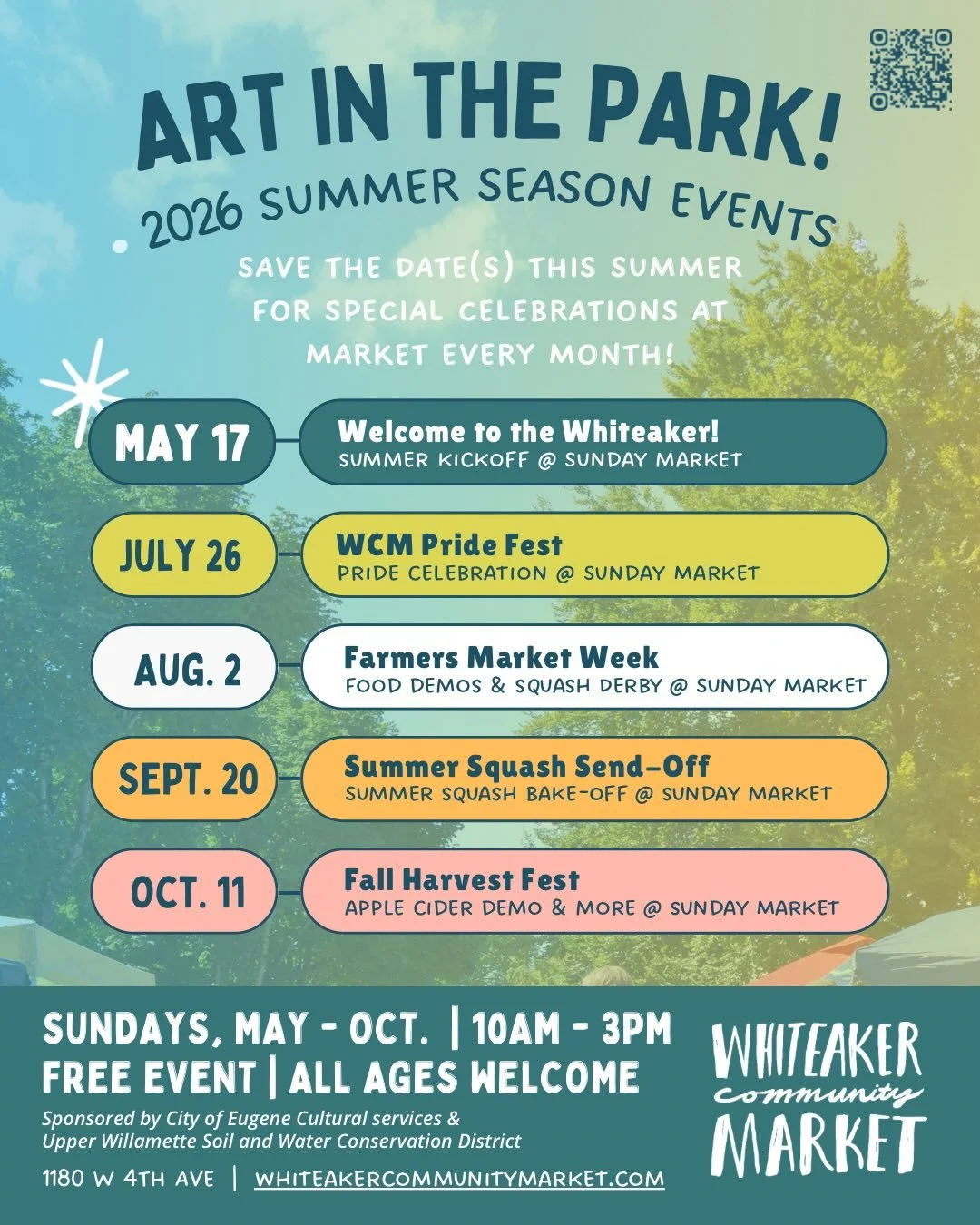 Looking for something to do this weekend? Looking for something to do with your kids that they will love?! Join us this weekend for our annual Welcome to the Whiteaker event! 👋

Sunday May 17th we kick off our Art in the Park series to celebrate the