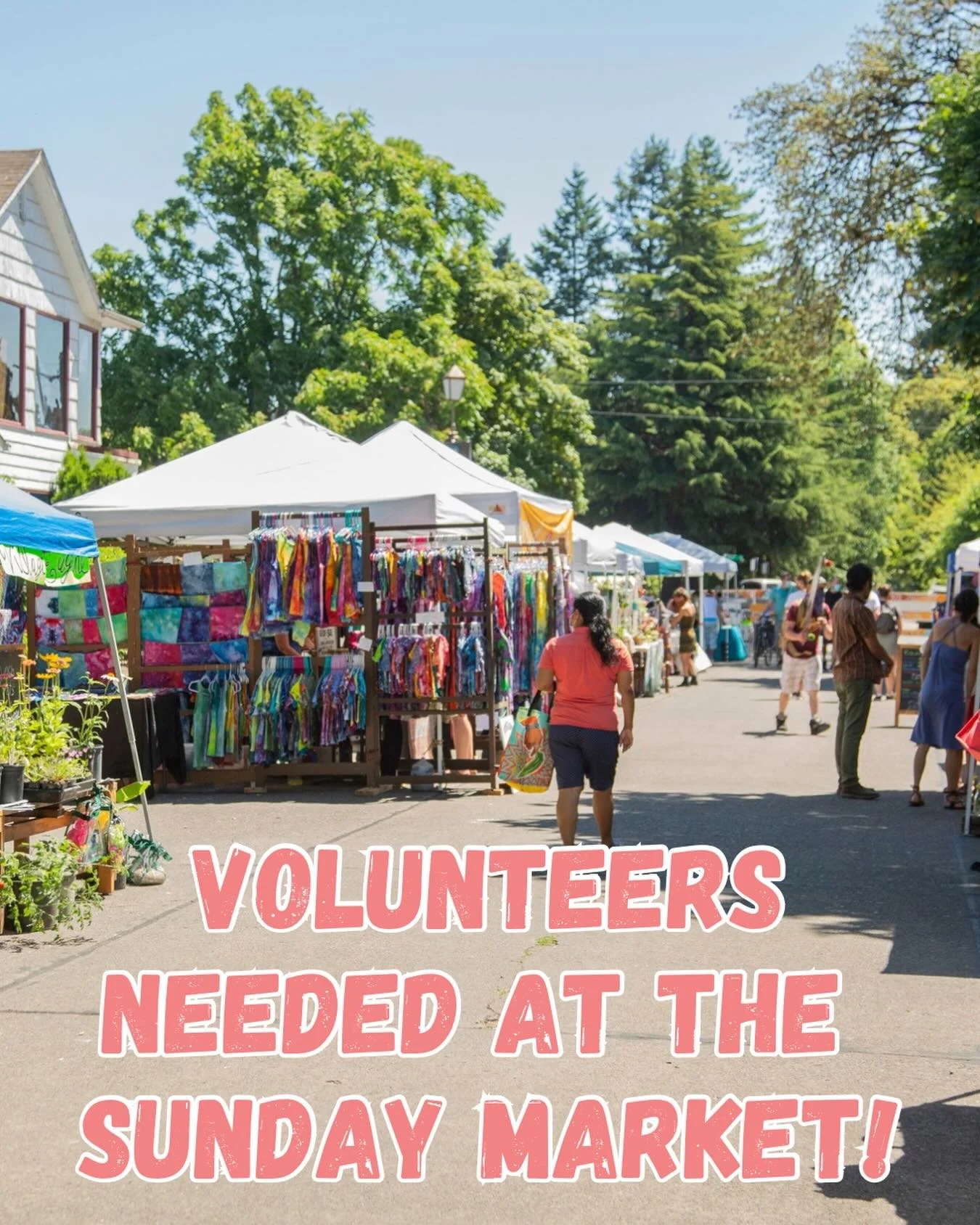 We&rsquo;re in need of some volunteers at the market, are you interested? 

We need help with things like-
✨Set up tasks like-
&bull;Info booth set up
&bull;Music Booth set up
&bull;Eating tables set up
&bull;General extra hands onsite
✨Teardown task