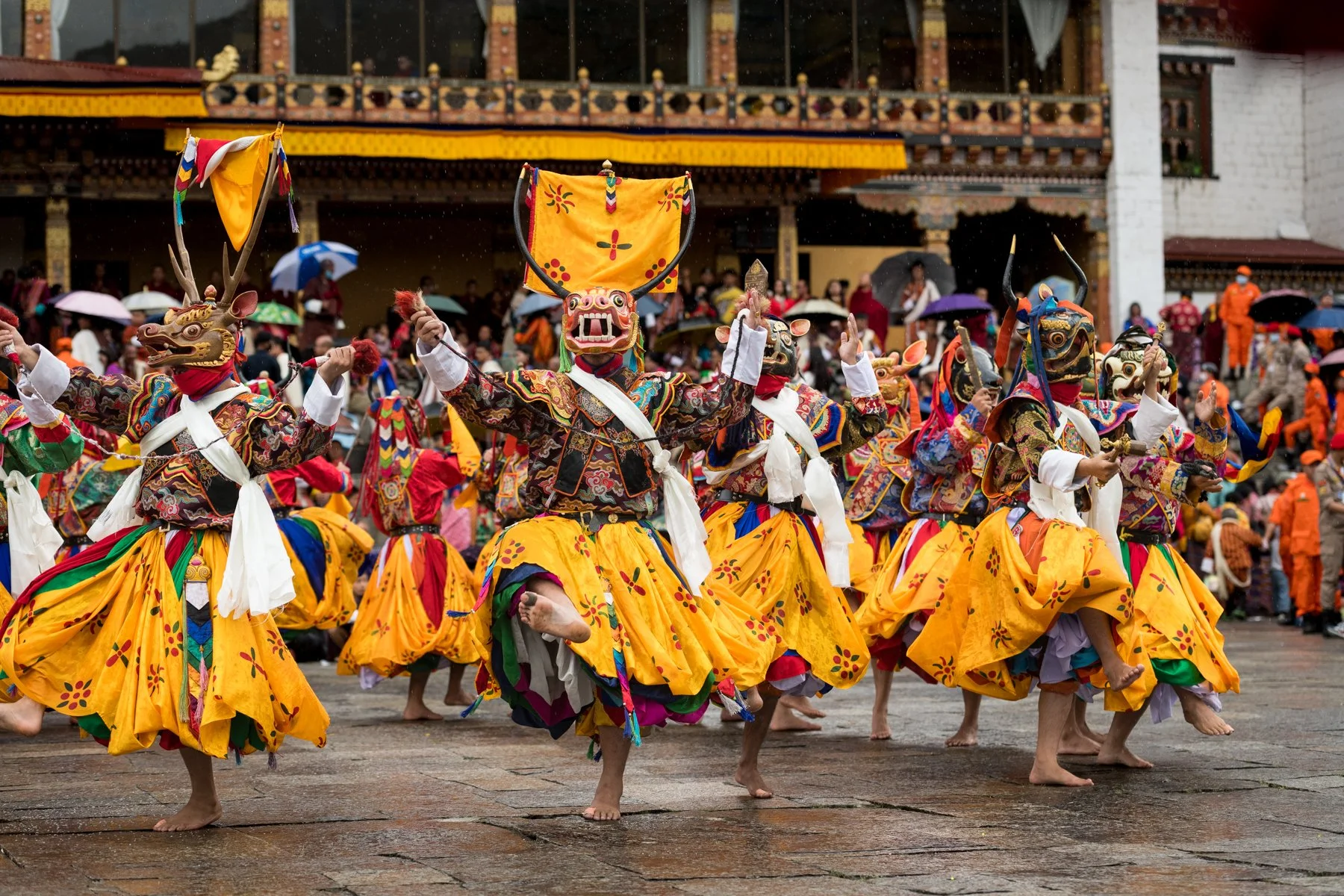 Traditional dancers performing at a festival in Thimphu, Bhutan