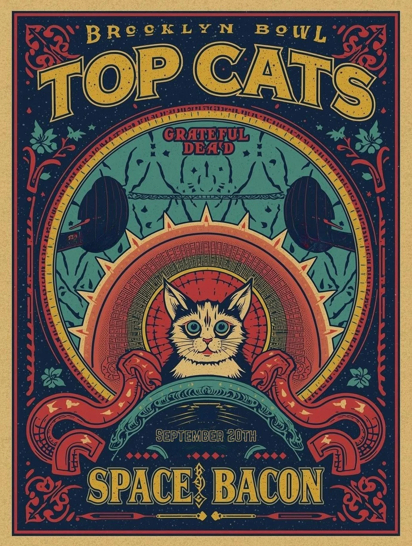 We&rsquo;re really jazzed for our upcoming gig with Space Bacon at @brooklynbowl Saturday Night!

One of the biggest yet for the Top Cats- can&rsquo;t wait to see y&rsquo;all there, enjoy this art we cooked up just for all of you 🐈🦔🥓!