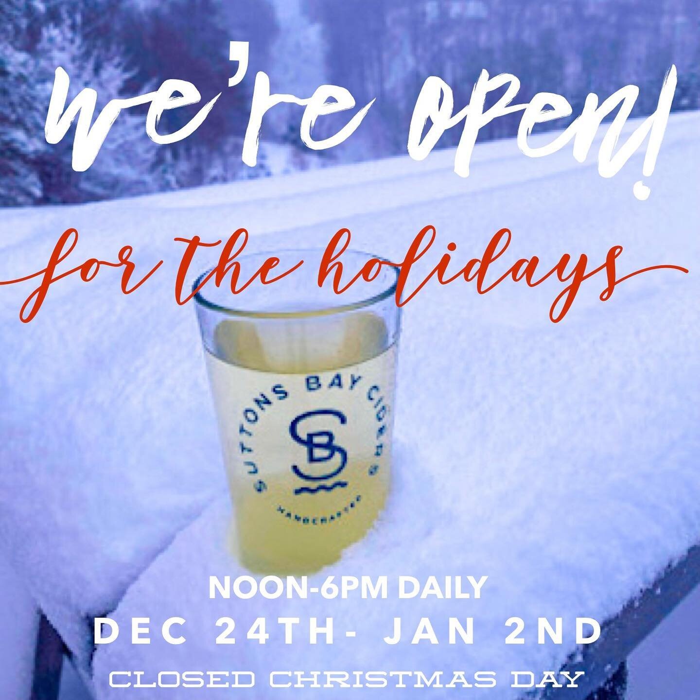 Spend your holidays with us! Whether you&rsquo;re driving up north for Christmas or have family coming in town to visit, we&rsquo;re here for you all week! Open Daily 12pm to 6pm! Closed on Jesus&rsquo;s birthday.