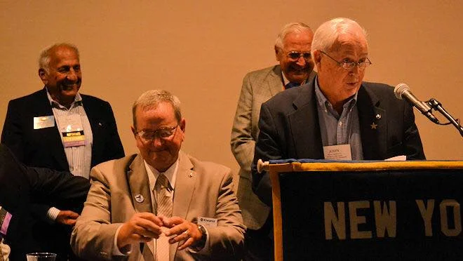 August 2018: During the District Convention, the Gerald P. Christiano Distinguished Service Award was presented to Past Finger Lakes Lt. Gov. John Hanratty. From left, Past Gov. Robert Calabrese, Gov-Elect Hank Baker, Past Lt. Gov. John Hanratty and Past International President Gerald Christiano.