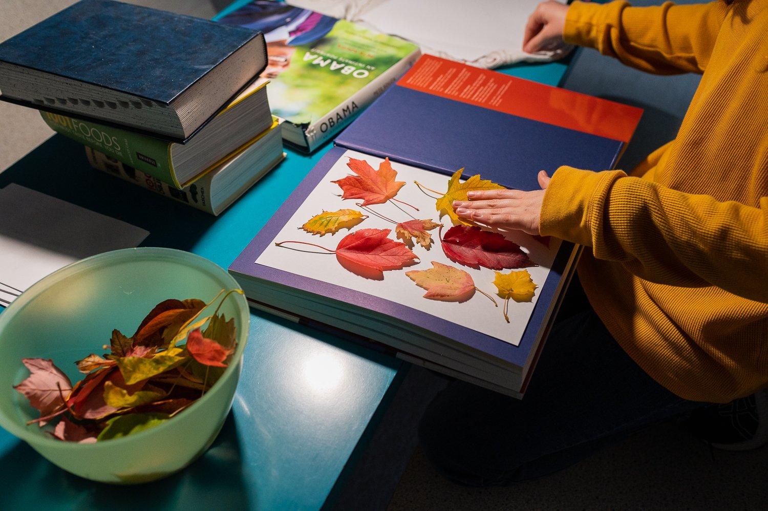 girl pressing fall leaves into books.jpg