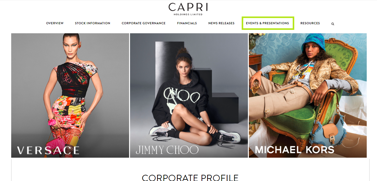 The top of the Investor Relations page of the Capri holdings.