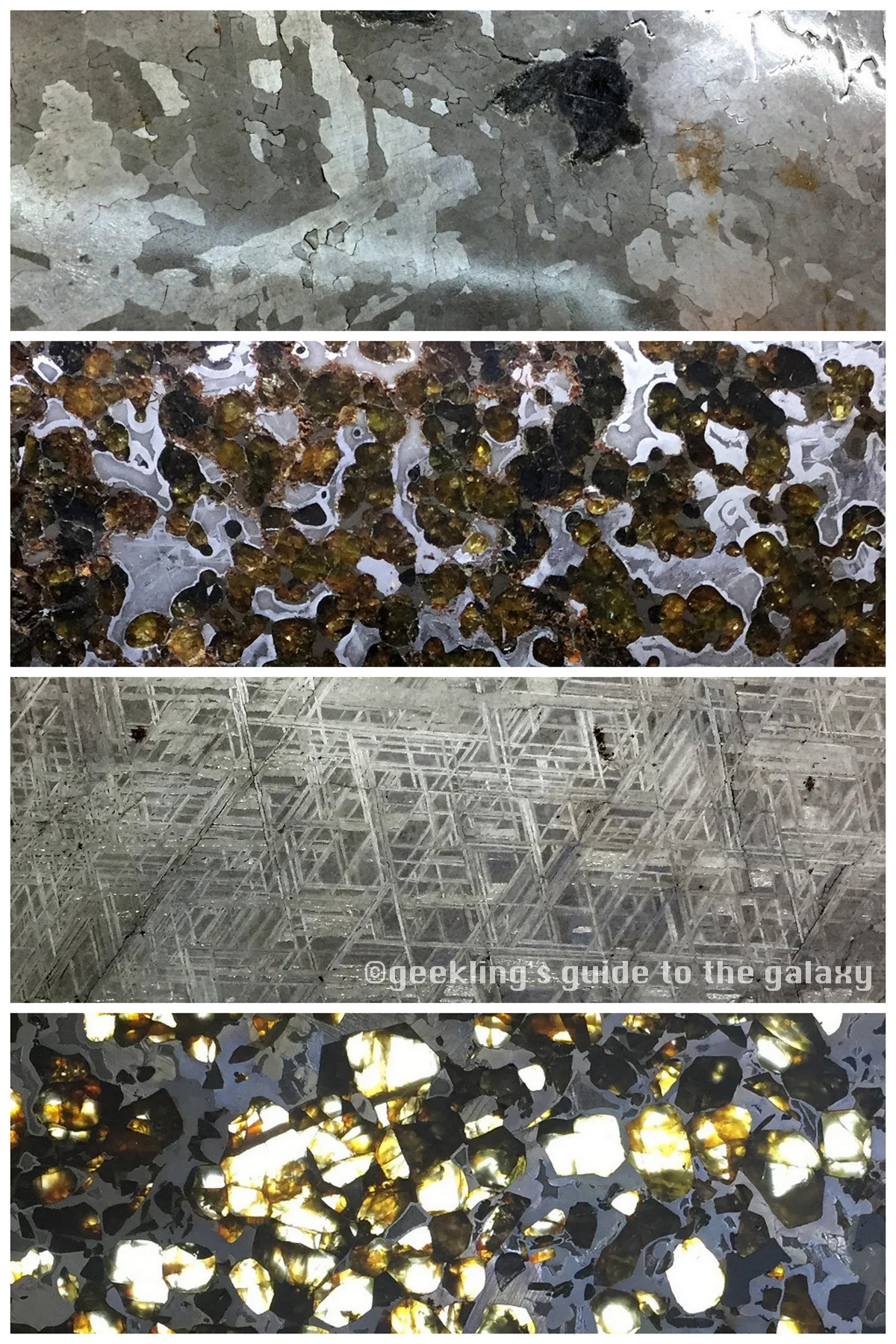 From top to bottom: iron, pallasite, iron, and pallasite meteorites. All are made of iron, but the lighter spots of a pallasite are composed to "olivine" (an iron silicate) while the darker metallic parts are an iron-nickel.