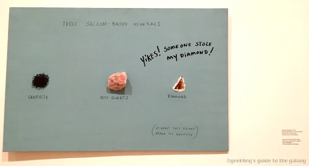 The attribution reads: Someone Stole my Diamond , 1996. Rose quartz, acrylic paint, graphite in on wood panel. Private collection, Nottingham.