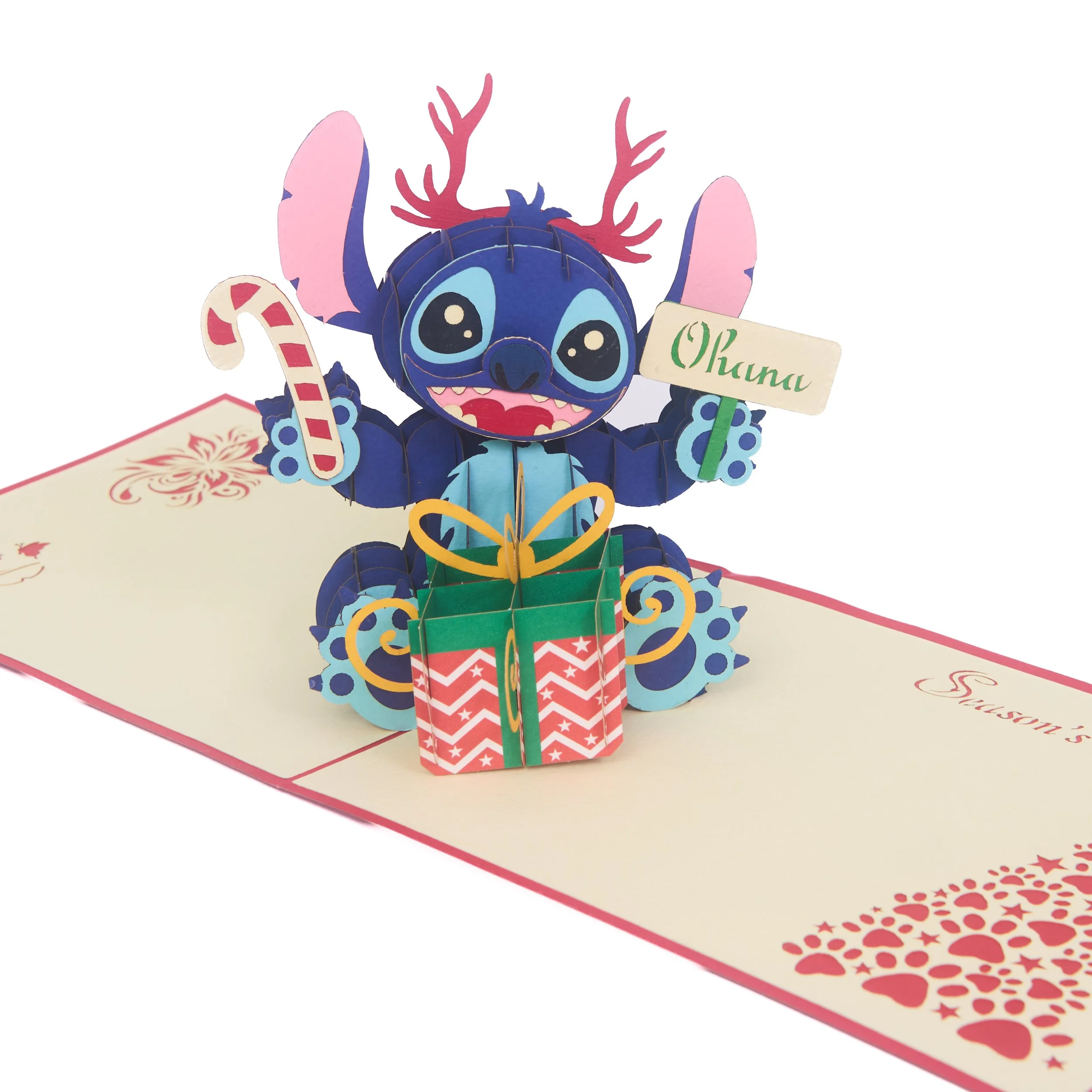 Christmas Stitch with Gifts, Candy Cane & Ohana Message Pop Up Card