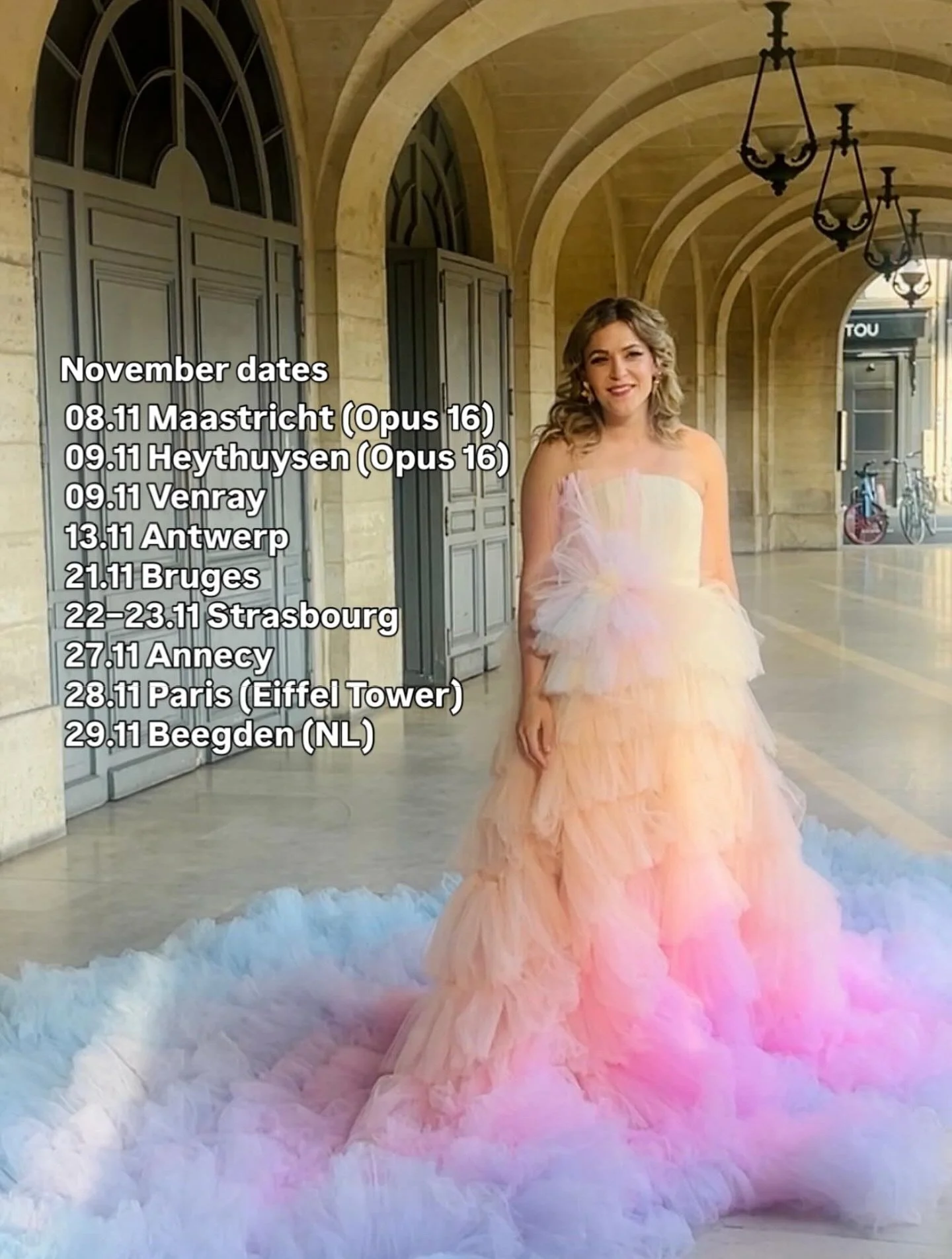 NOVEMBER TOUR DATES ARE HERE! I&rsquo;m beyond thrilled to share this month&rsquo;s journey with you: we&rsquo;re heading to some truly magical places... and I have one huge announcement: I&rsquo;m performing at the Eiffel Tower in Paris 🗼✨

Tour st