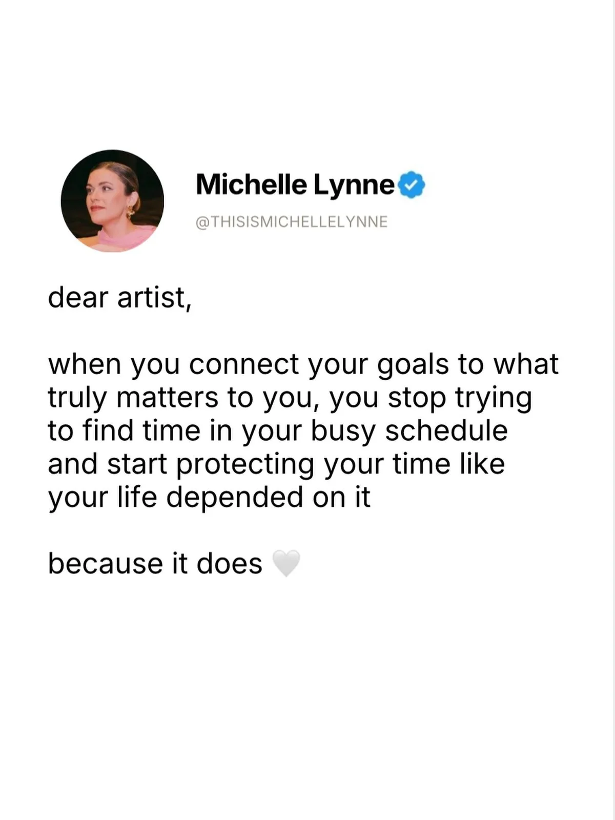 Follow @thisismichellelynne for more inspirational content ☁️
 You don&rsquo;t struggle with time because you&rsquo;re too busy. 🫶🏼
 You struggle because your goals aren&rsquo;t connected to what truly matters to you.
For the longest time, I tried 
