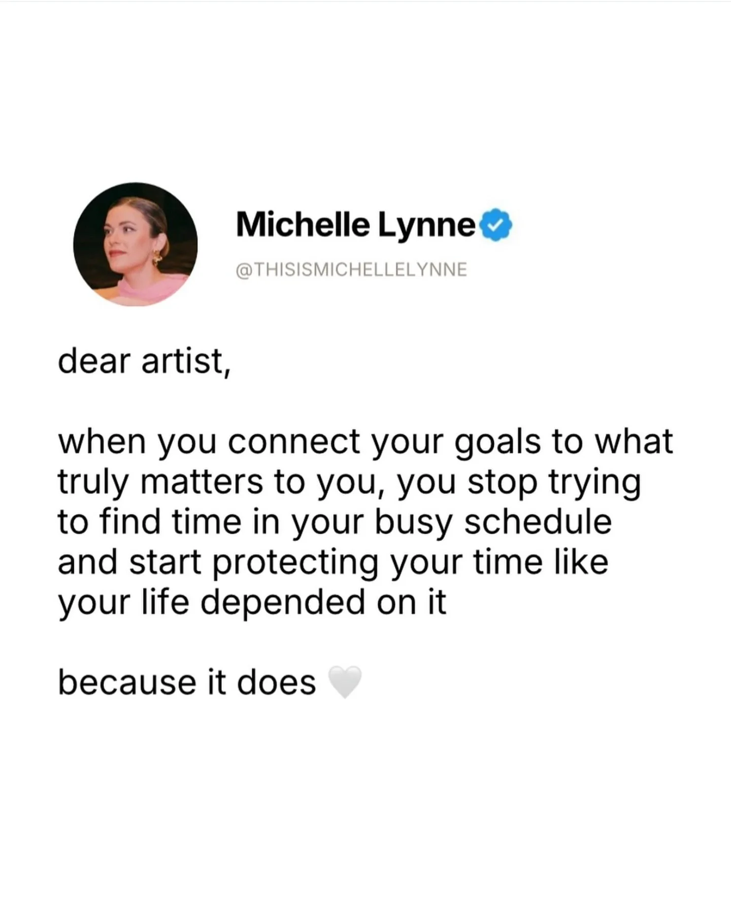 Follow @thisismichellelynne for more daily inspirational content 🫶🏼

You don&rsquo;t struggle with time because you&rsquo;re too busy.
You struggle because your goals aren&rsquo;t connected to what truly matters to you.

For the longest time, I tri