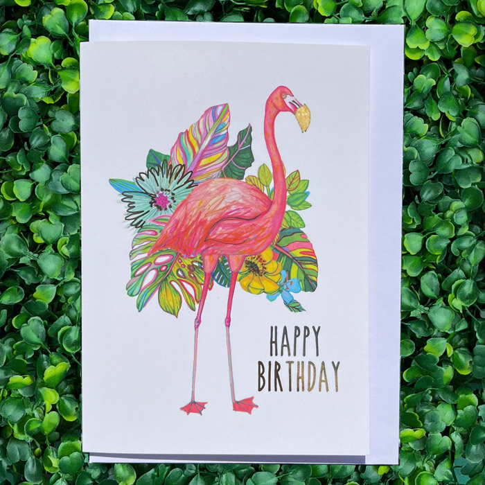 Flamingo Tropics Gold Foil Birthday Card