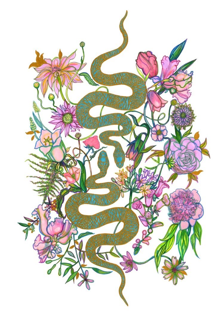 Serpent and Floral Hand Drawn Watercolour Illustration by Marcella Wylie