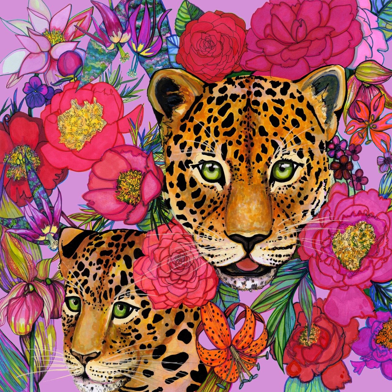 Amur Leopard and Peony Illustration by Marcella Wylie