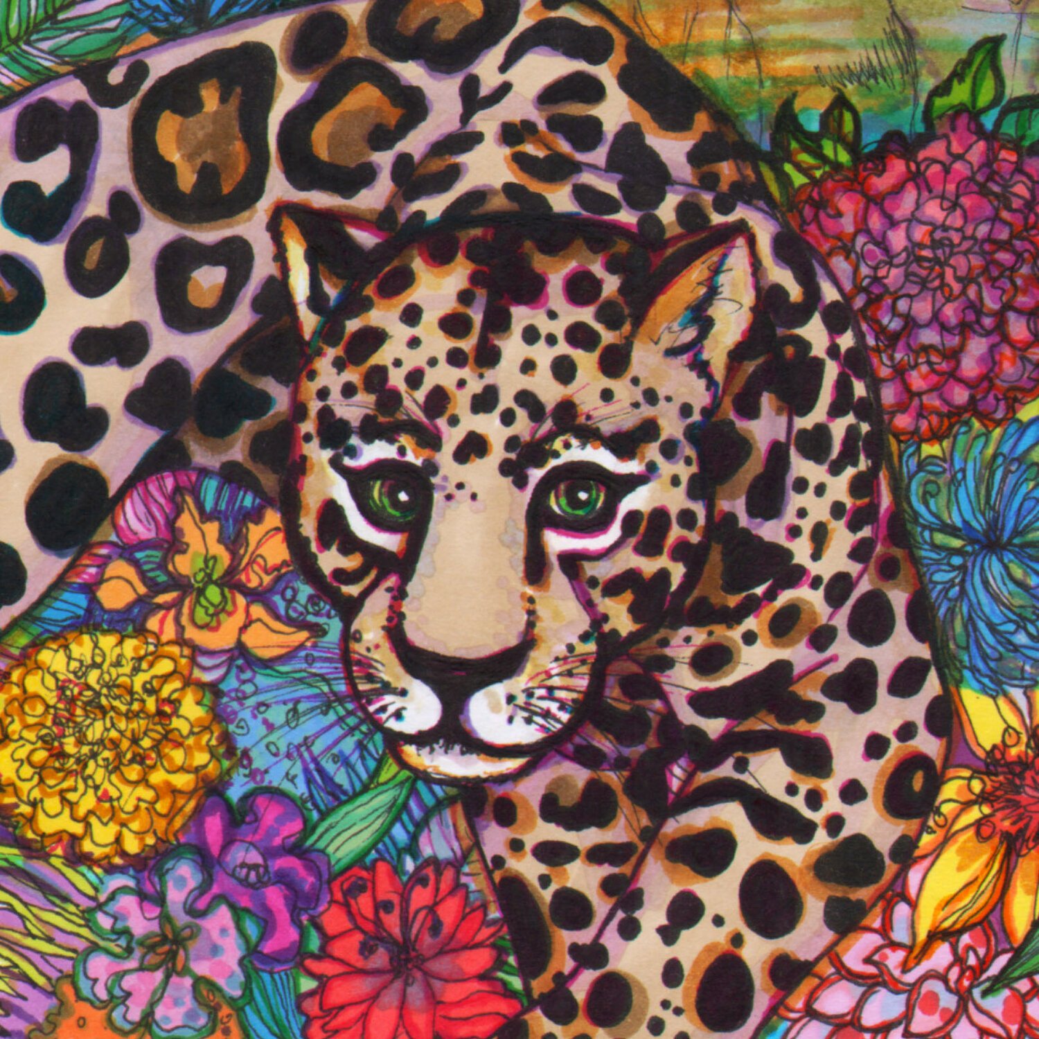 Leopard Illustration in Colourful Ink by Marcella Wylie