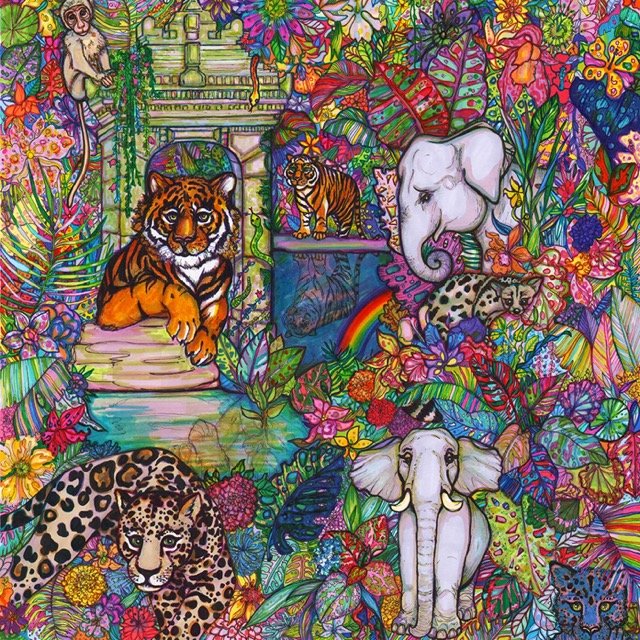 Elephant and Tiger Temple Colourful Ink Illustration by Marcella Wylie