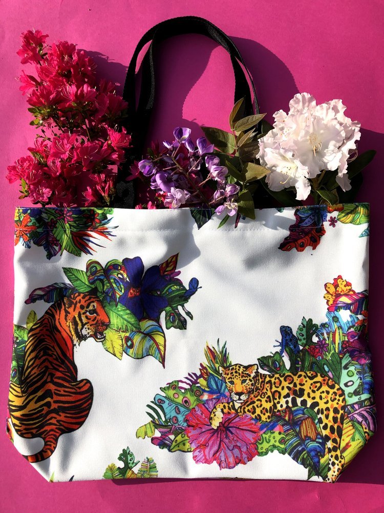Tiger and Leopard Floral Tote Bag by Marcella Wylie