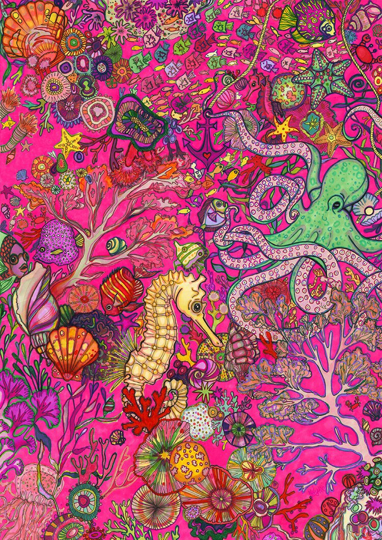 Seahorse and Octopus Pen Illustration by Marcella Wylie