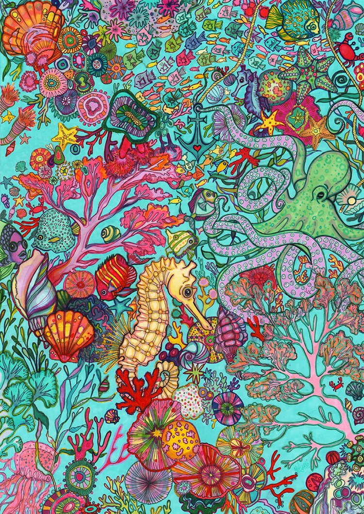 Seahorse and Octopus Pen Illustration by Marcella Wylie
