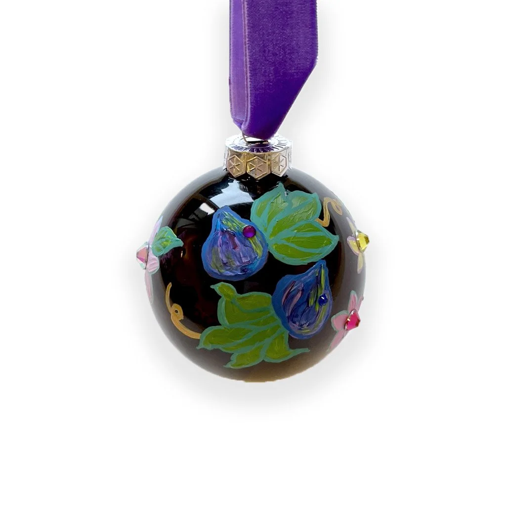 Black Mirrored Hand Painted Fruit Christmas Bauble - large pic 2 - by Marcella Wylie.jpg