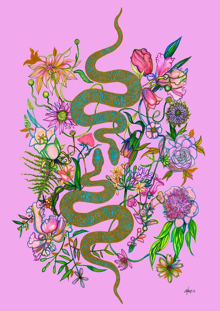 Serpent and Floral Illustration by Marcella Wylie