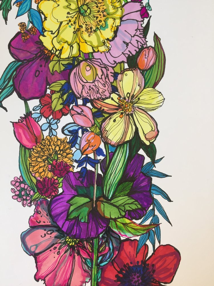 Super detailed hand drawn floral illustration using marker pens and fine liners by botanical illustrator Marcella Wylie 